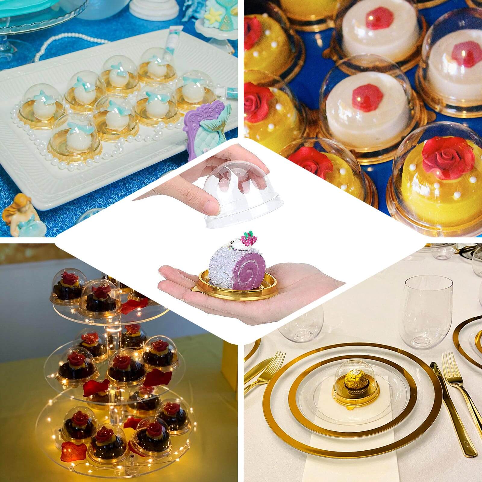 50-Pack Favor Containers Round Dome Design Gold and Clear - Plastic Party Boxes for Cupcakes and Sweets 3