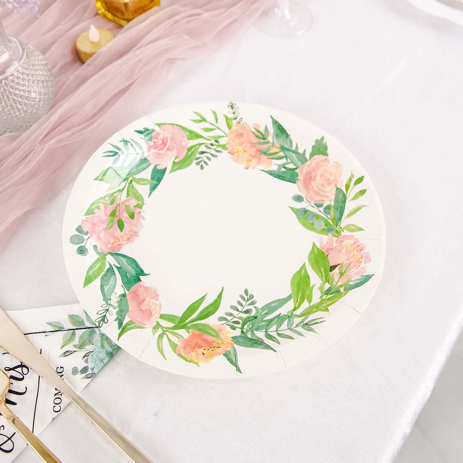 25-Pack Paper 9 Round Dinner Plates in White with Rose/Peony Flower Wreath - Disposable Party Plates for Bridal Showers & Garden Parties