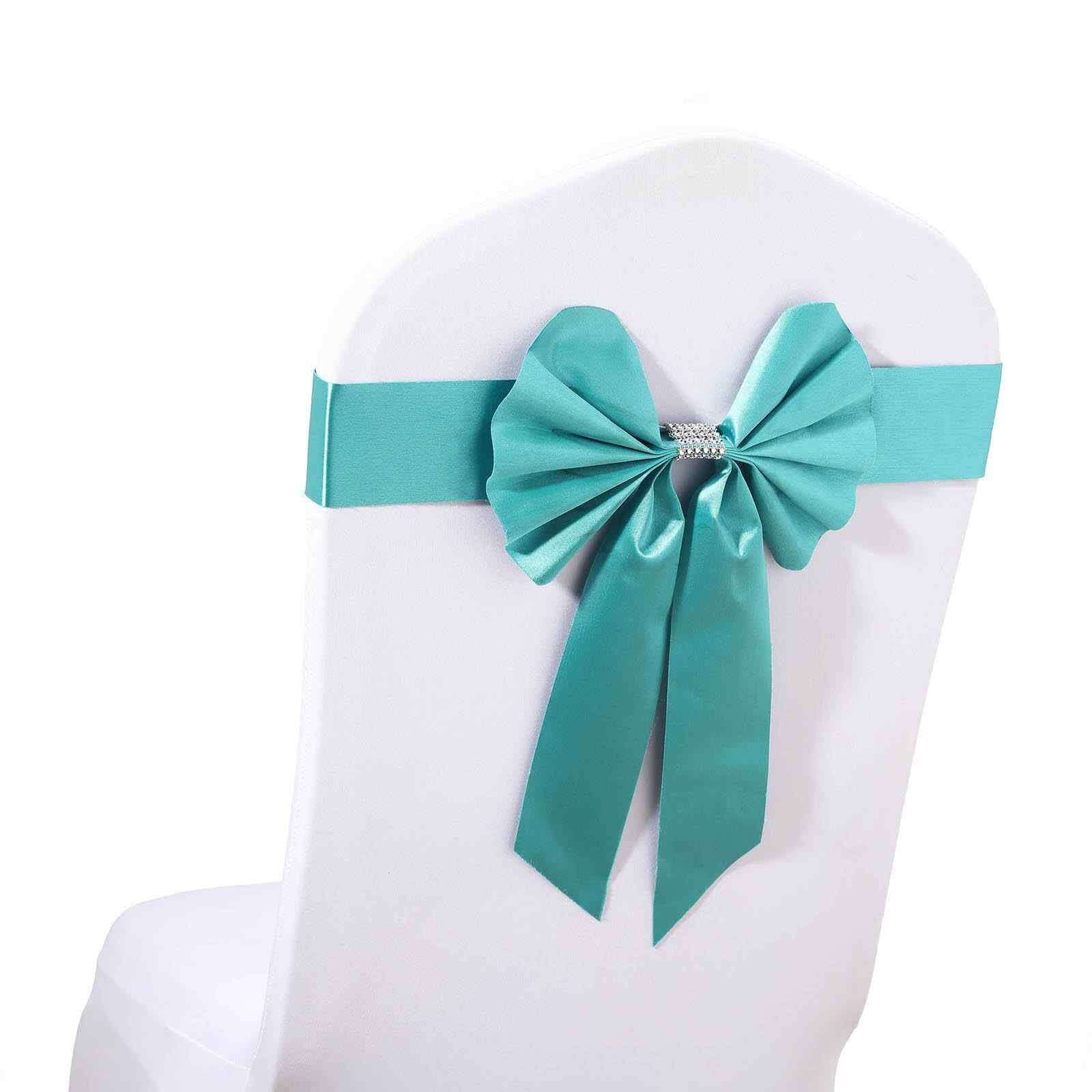 5 Pack Satin Faux Leather Chair Sashes Turquoise - Durable Double Sided Pre-tied Bow Tie Chair Bands with Diamond Rhinestone Buckles