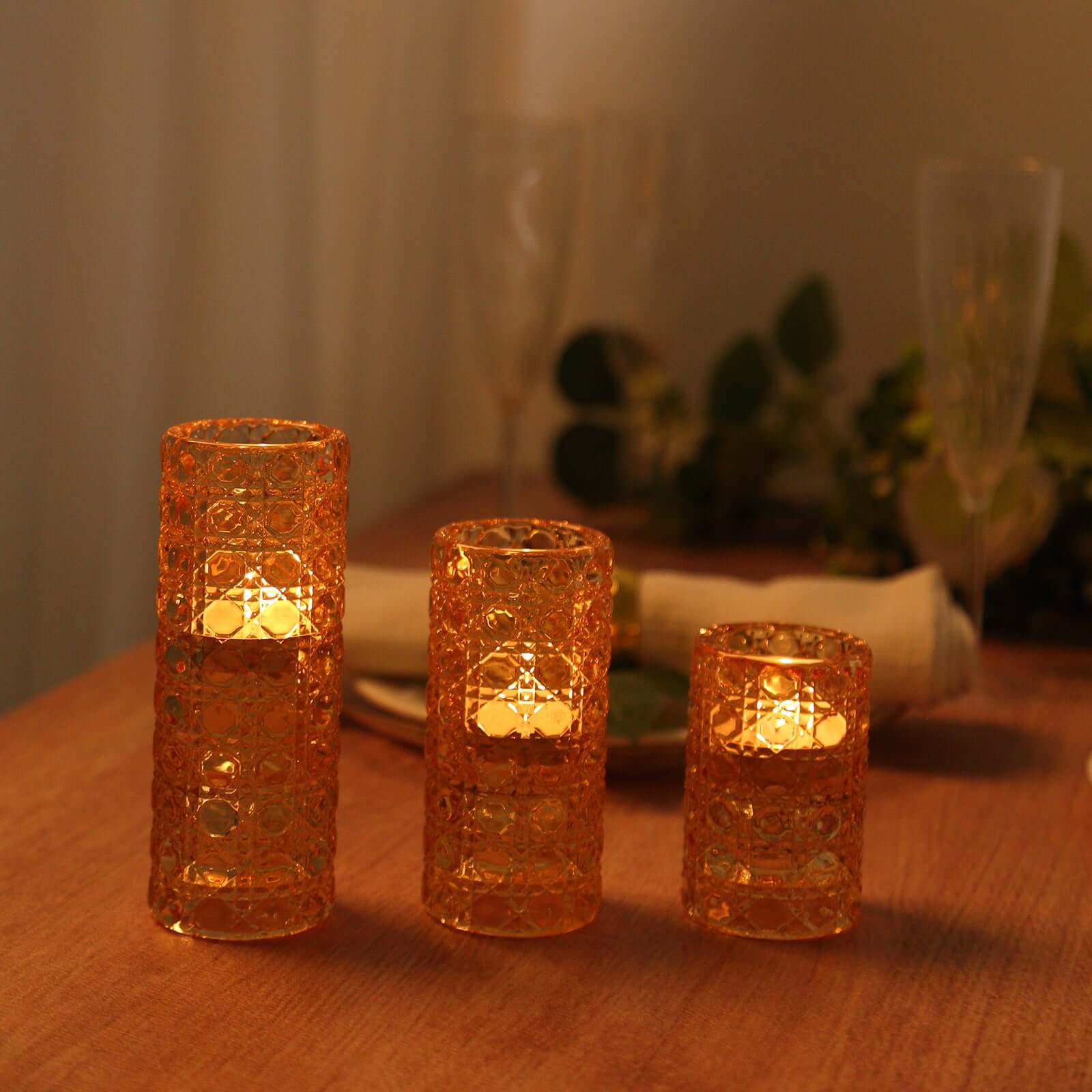 Set of 3 Glass Taper Candle Holders Amber Gold with Gemstone Pattern - Dual Sided Crystal Cylinder Tealight Stands 3, 4, 5.5