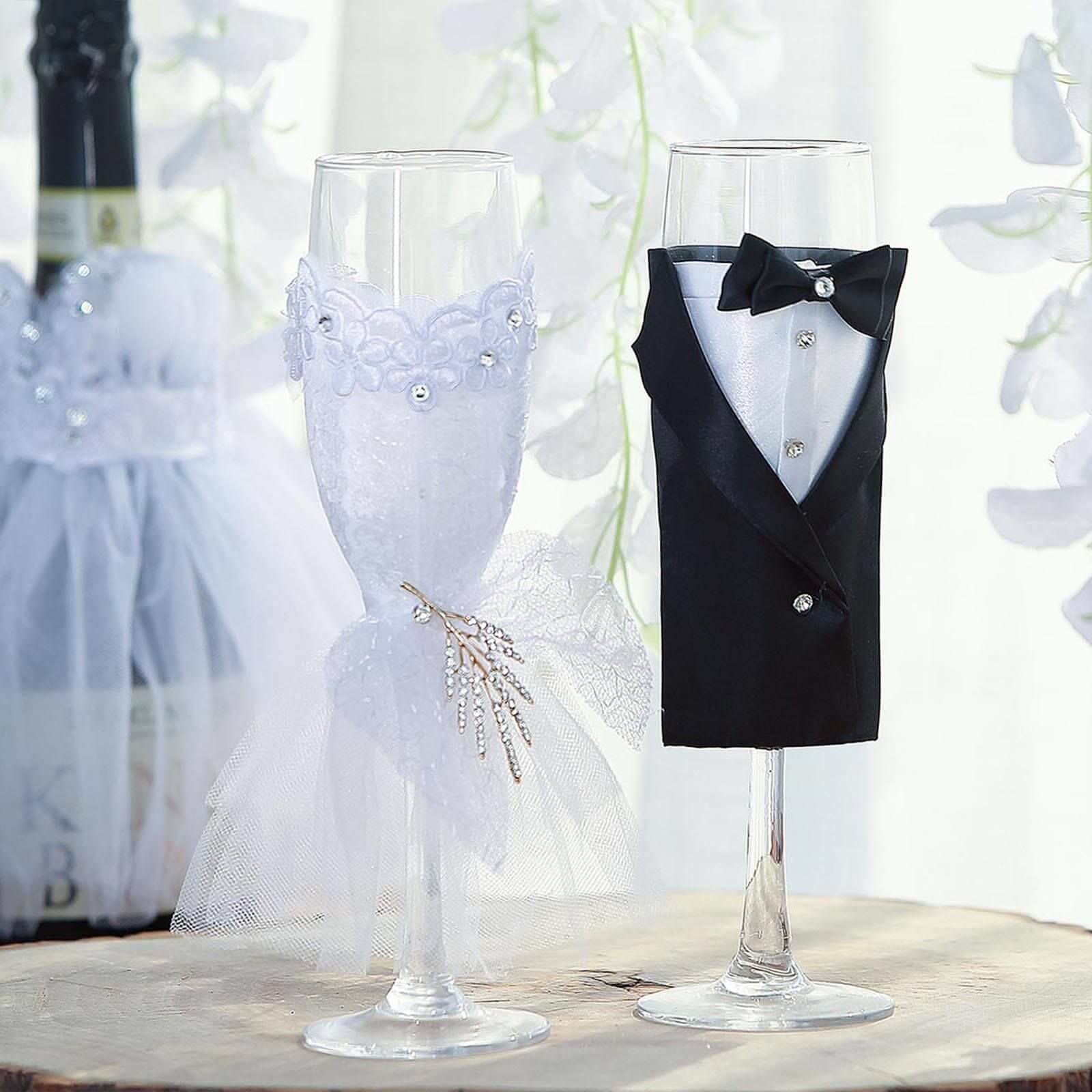 Set of 2 Clear Champagne Flutes with Black Bride and Groom Koozies - Wedding Toast Glasses 9