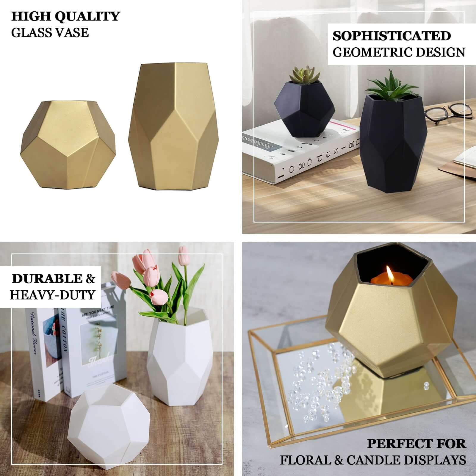 Set of 2 Glass Flower Vases Geometric Design Matte Gold - Stylish Modern Candle Holder Centerpieces 5, 8