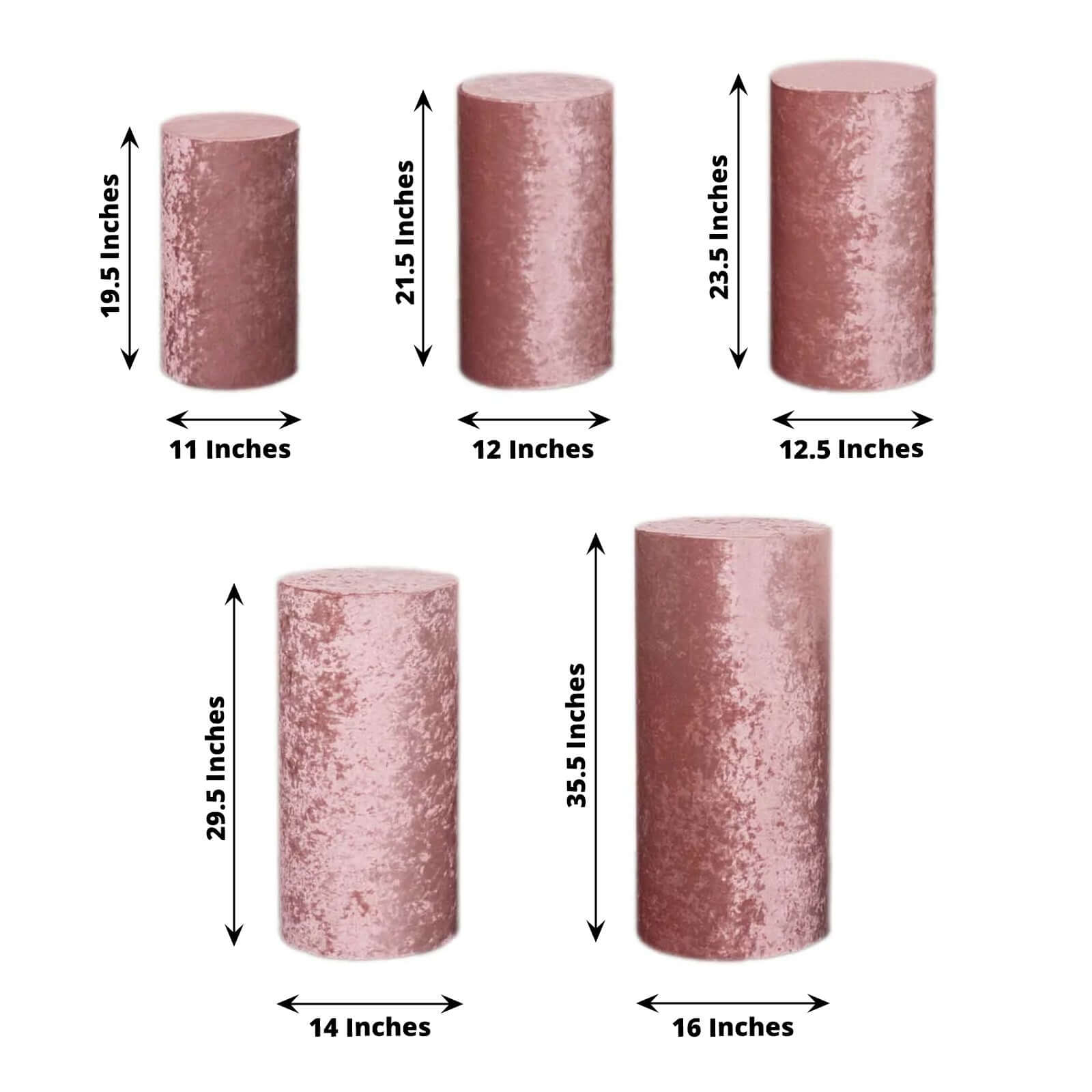 Set of 5 Dusty Rose Crushed Velvet Cylinder Pedestal Stand Covers, Premium Pillar Prop Covers