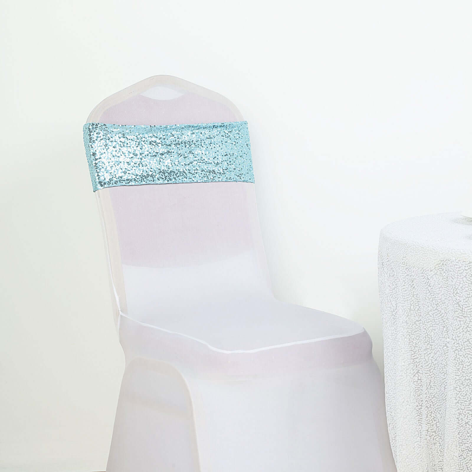 5 Pack Sequin Spandex Chair Sashes Serenity Blue - Stretch Chair Bands 6x15