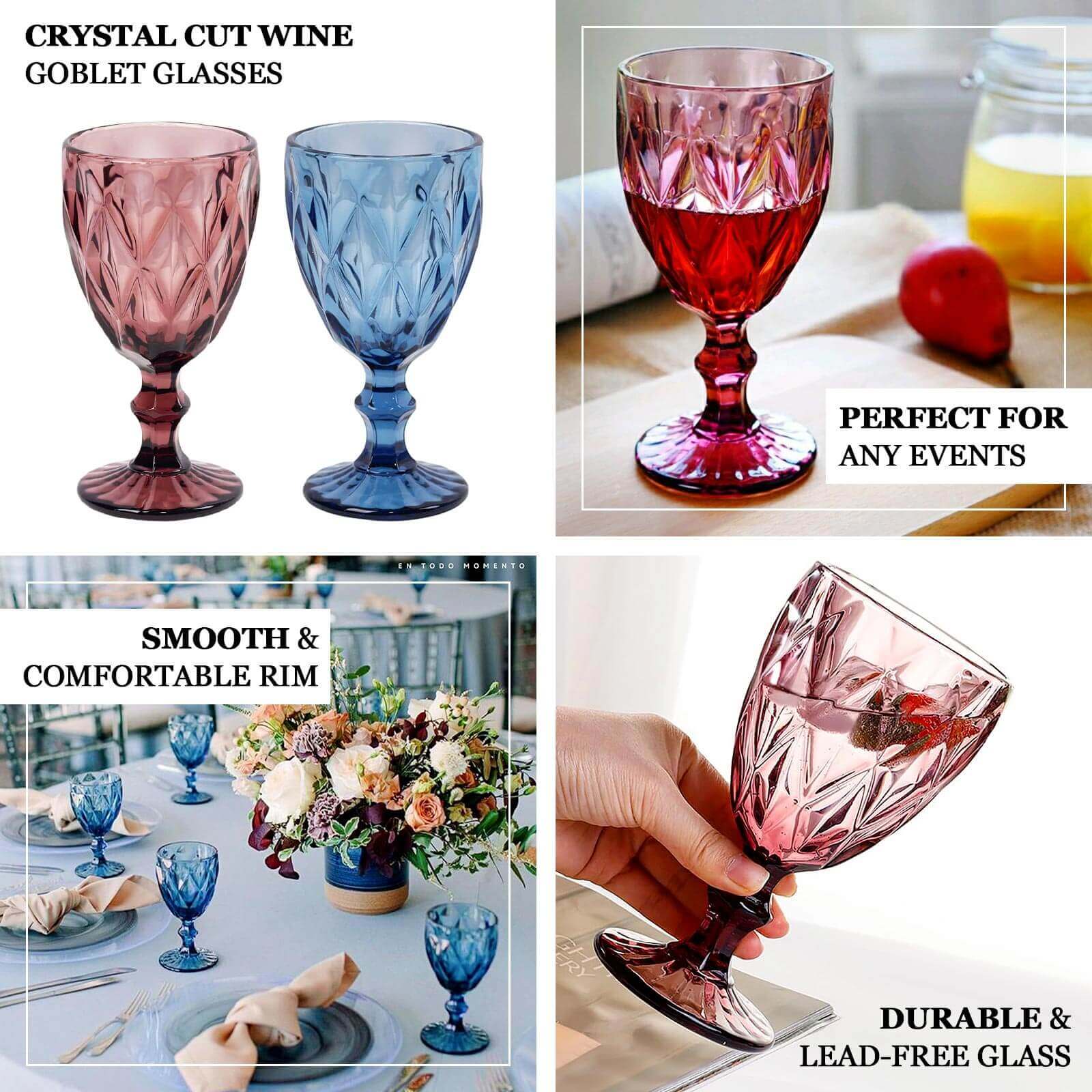 6-Pack Wine Glasses Dusty Rose Embossed Crystal Cut Design Stemmed - Colored Goblets for Parties & Events 12oz 7