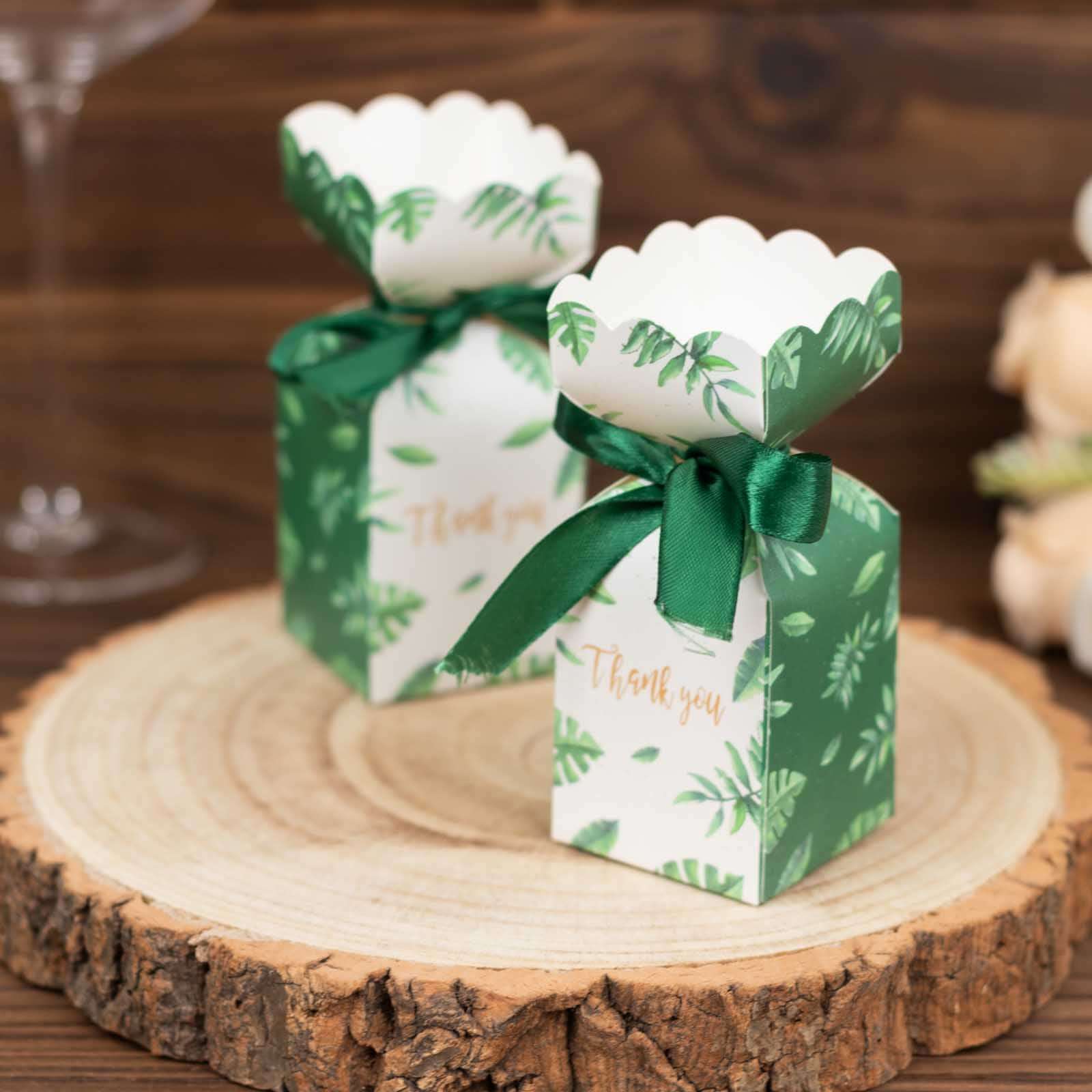 25 Pack White Green Leaf Print Satin Ribbon Candy Gift Boxes With Floral Top, Cardstock Paper Party Favor Boxes - 2x5