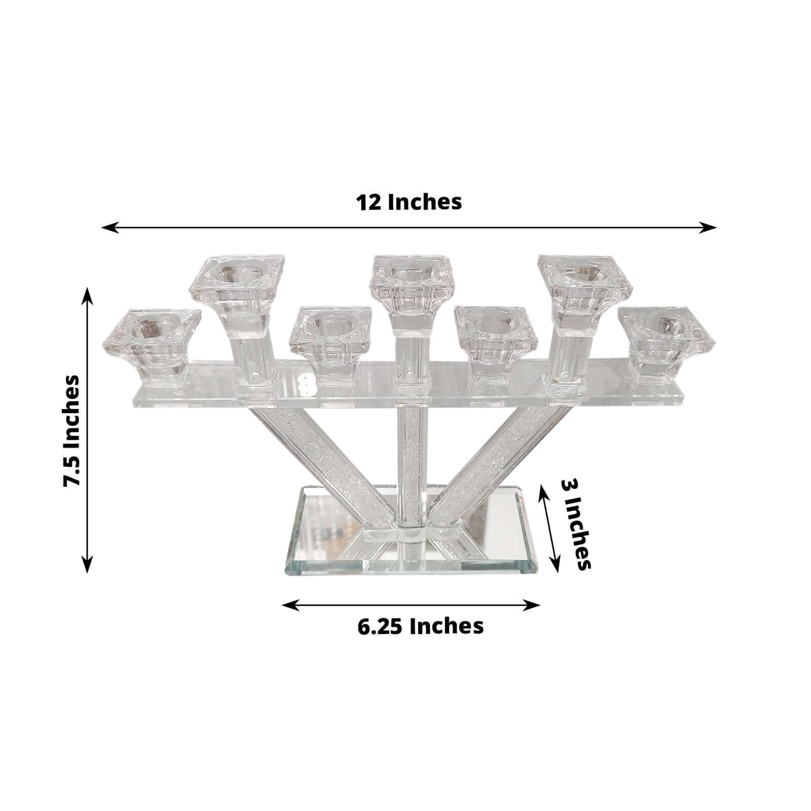 Crystal Glass Candelabra, 7-Branch Taper Candle Stick Holder Stand Table Centerpiece With Crystal Filler and Mirror Base 12