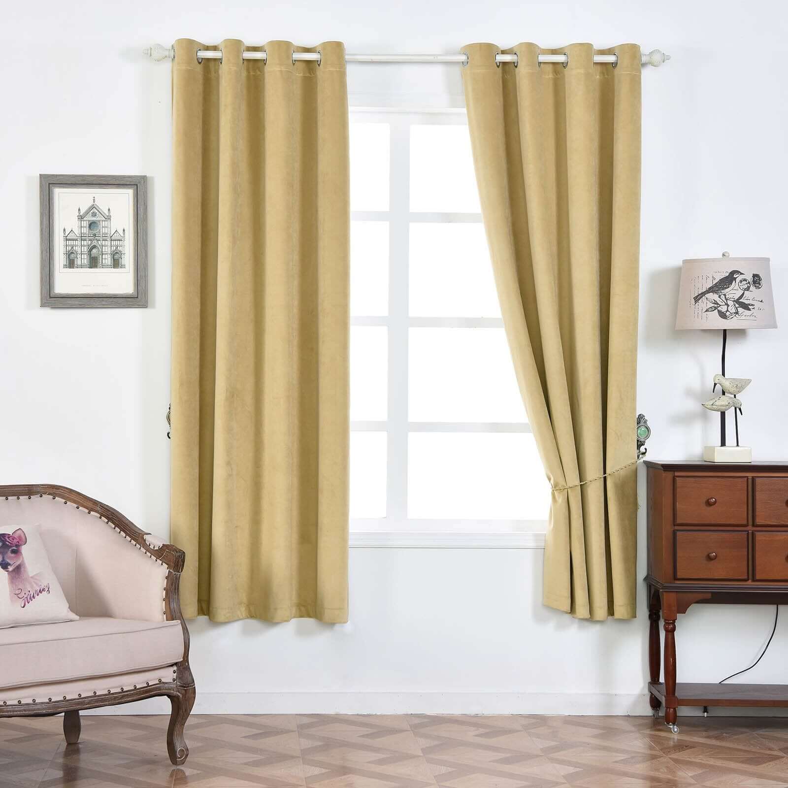 2 Pack Champagne 330 GSM Premium Velvet Thermal Blackout Curtains With Chrome Grommet Window Treatment Panels - 52x64