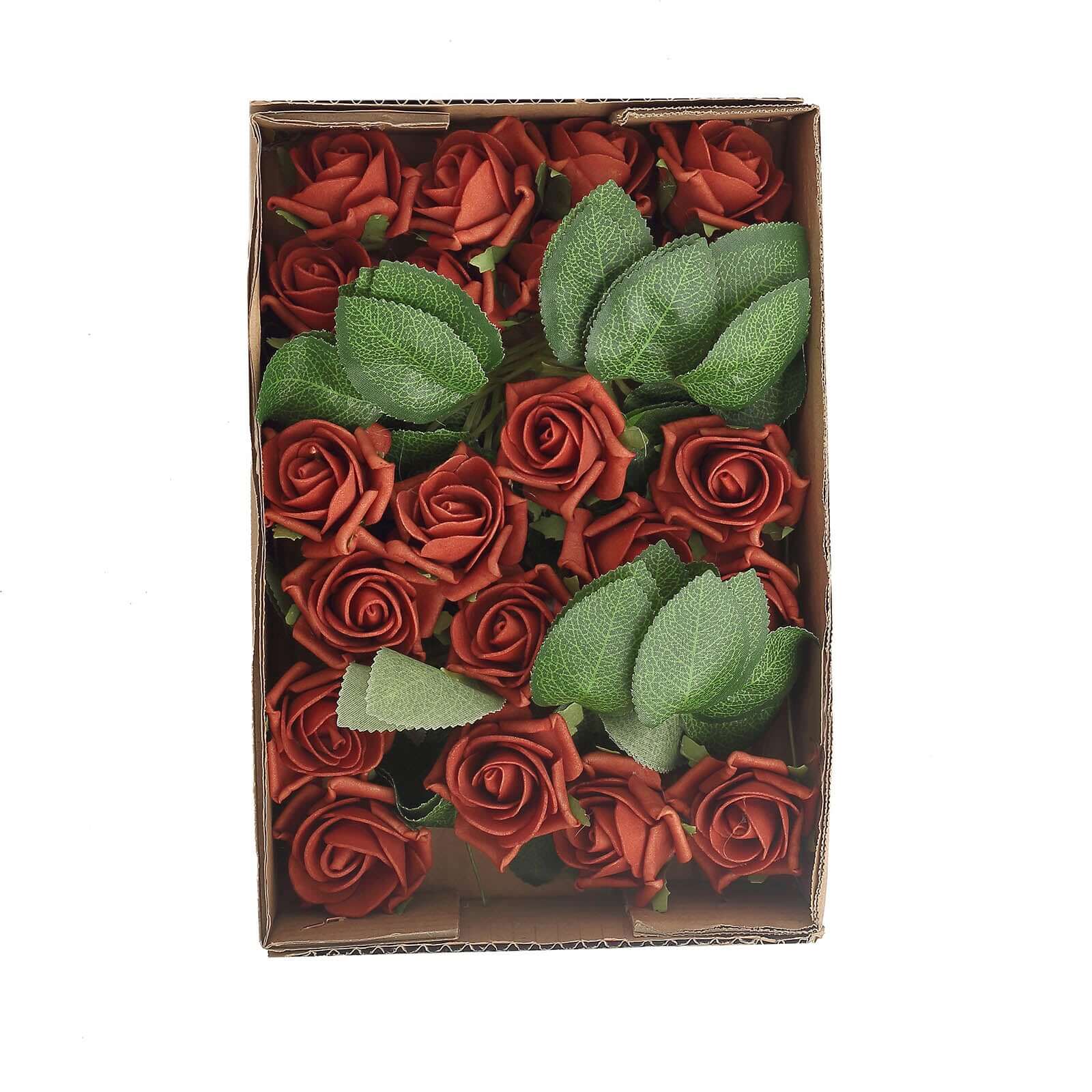 24 Roses 2 Terracotta (Rust) Artificial Foam Flowers With Stem Wire and Leaves