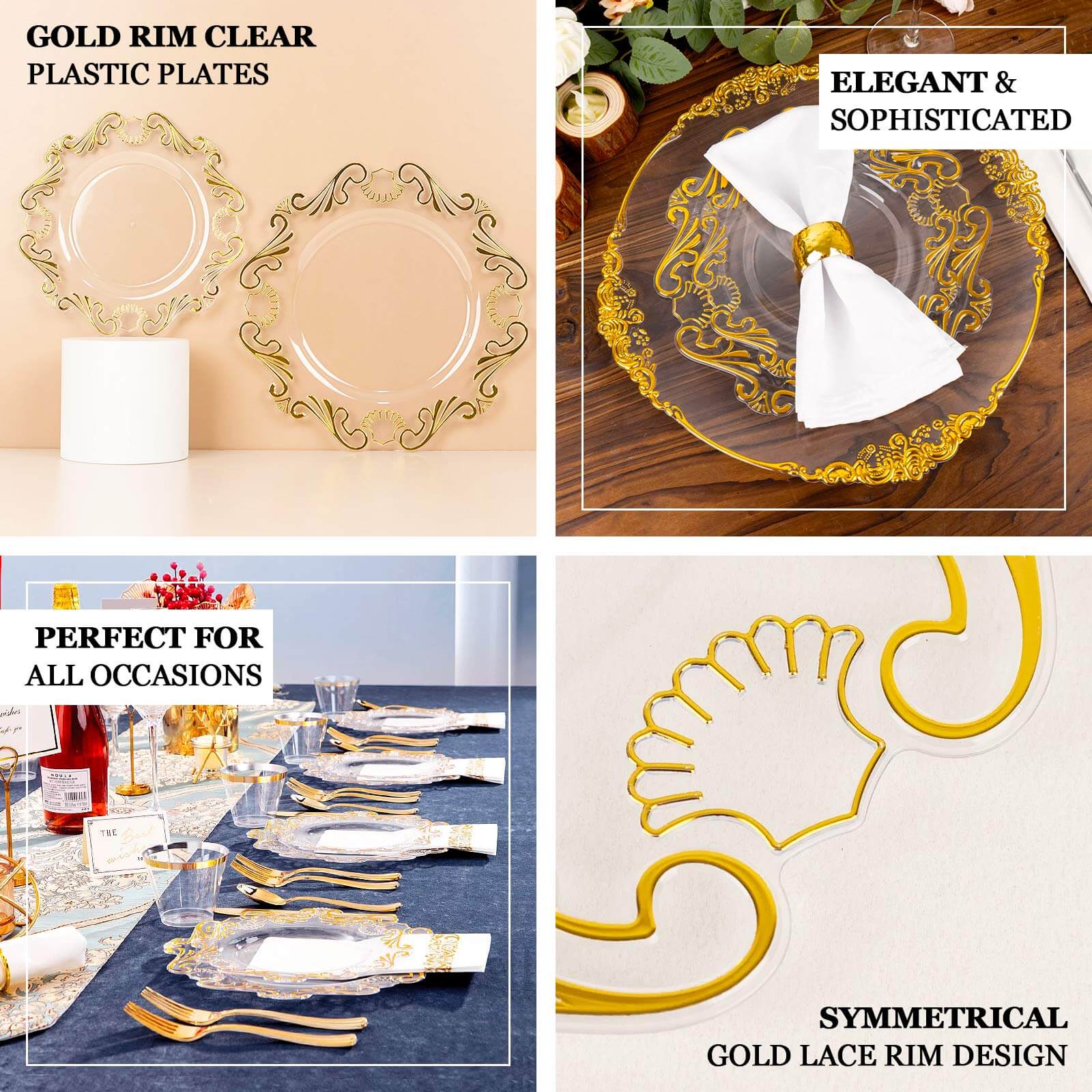 10-Pack Plastic 10 Round Dinner Plates in Clear with Gold Vintage Baroque Scalloped Rim - European Style Disposable Party Plates