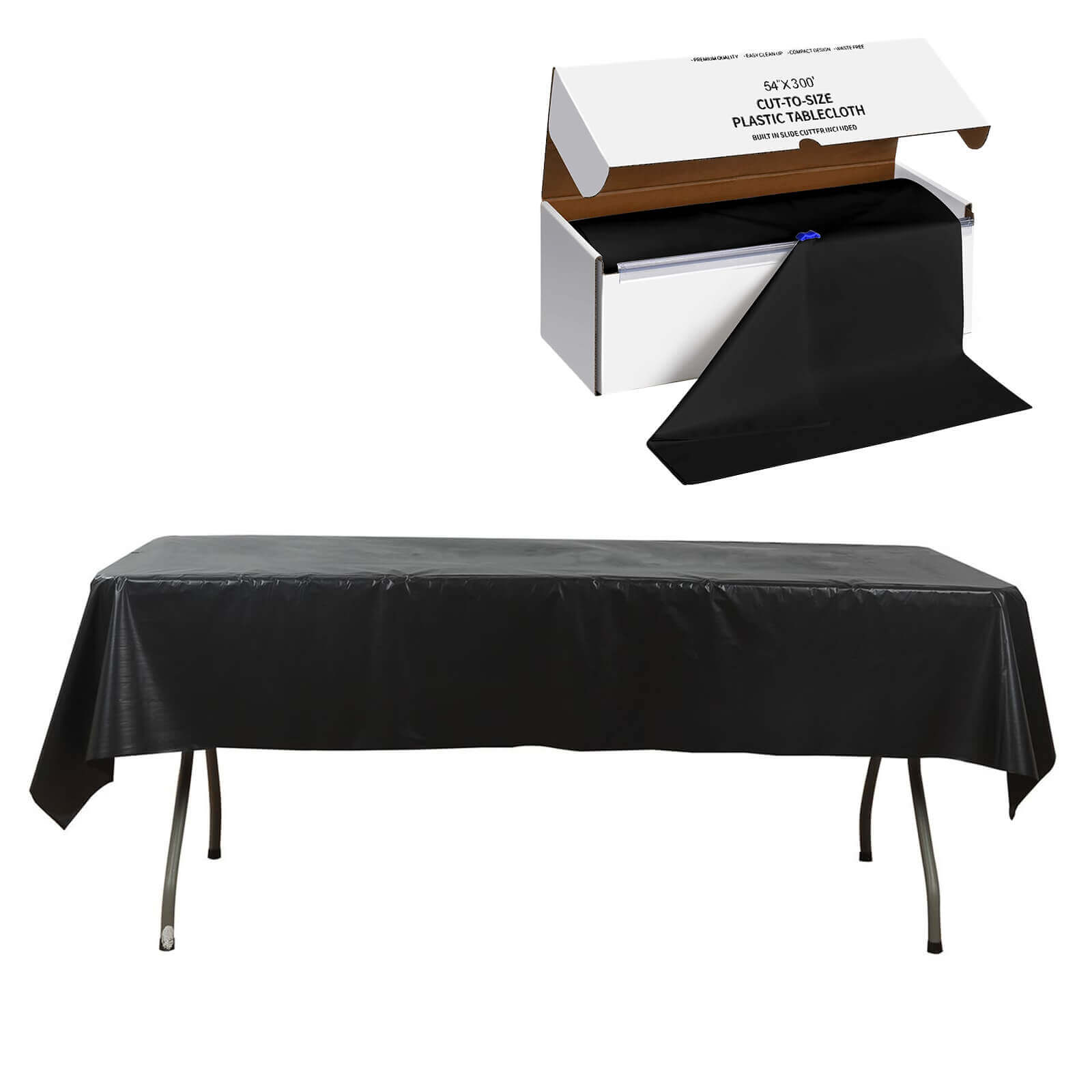 Plastic Table Cover Roll Black with Slide Cutter - Customizable Disposable Tablecloth Roll 54x300ft