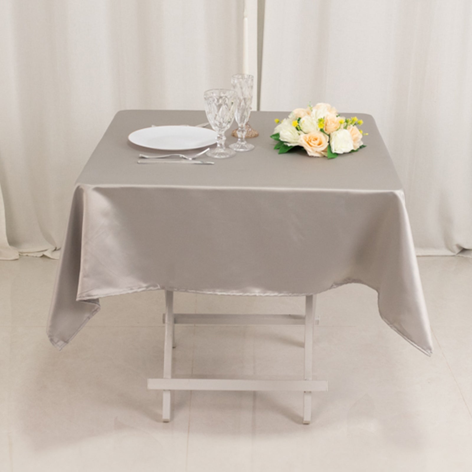 Lamour Satin 54x54 Square Tablecloth Silver - Durable & Silk-Like Table Cover