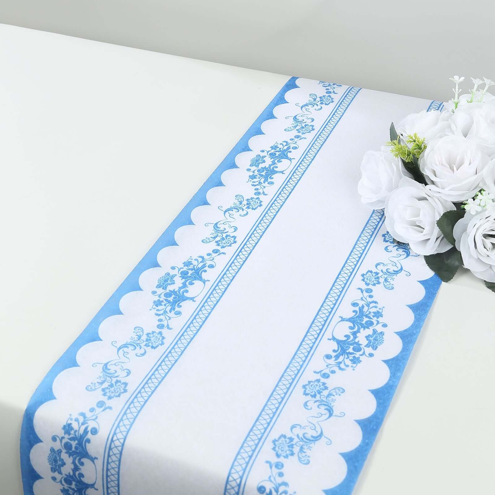 5 Pack Disposable Table Runners 11x108 White with Blue Ornate Floral Prints - Non-woven Stylish Kitchen Dining Table Decor