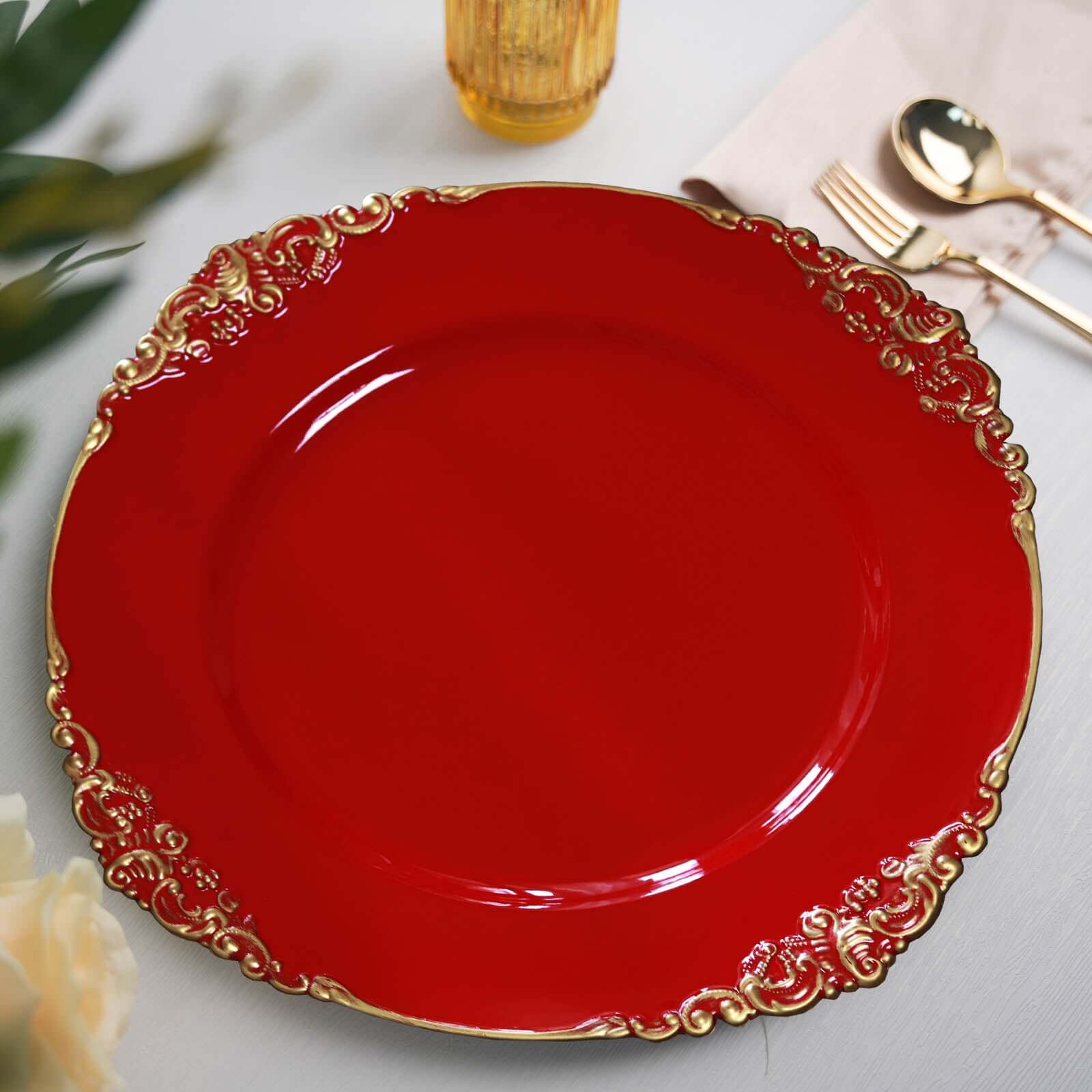 6-Pack Acrylic Round Charger Plates 13 in Red with Gold Embossed Baroque Rim, Antique Decorative Dinner Party Charger Tableware