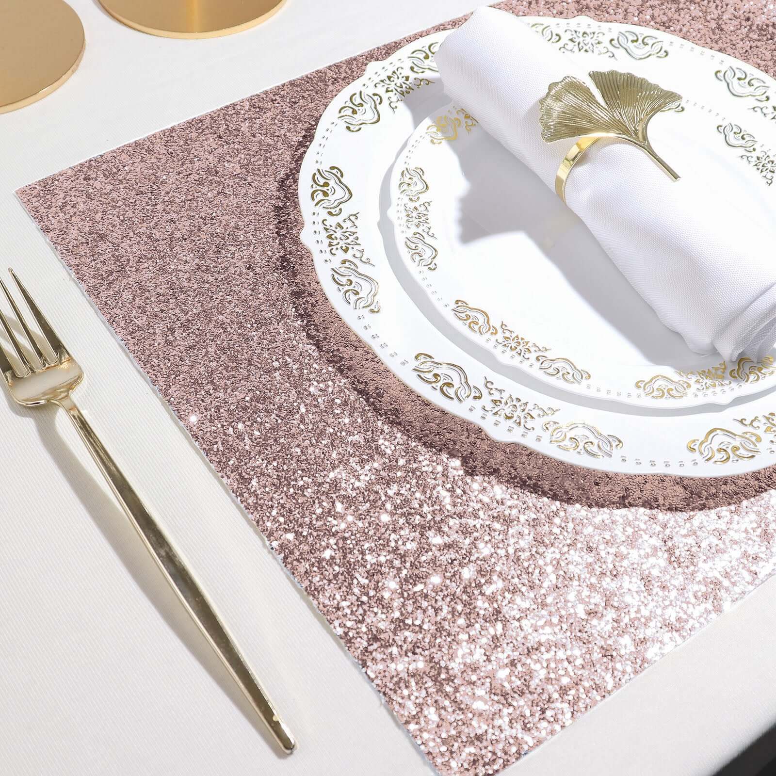 6-Pack Placemats Glitter Design Rose Gold Sparkle Rectangle - Non-Slip Decorative Dining Table Mats 12x18