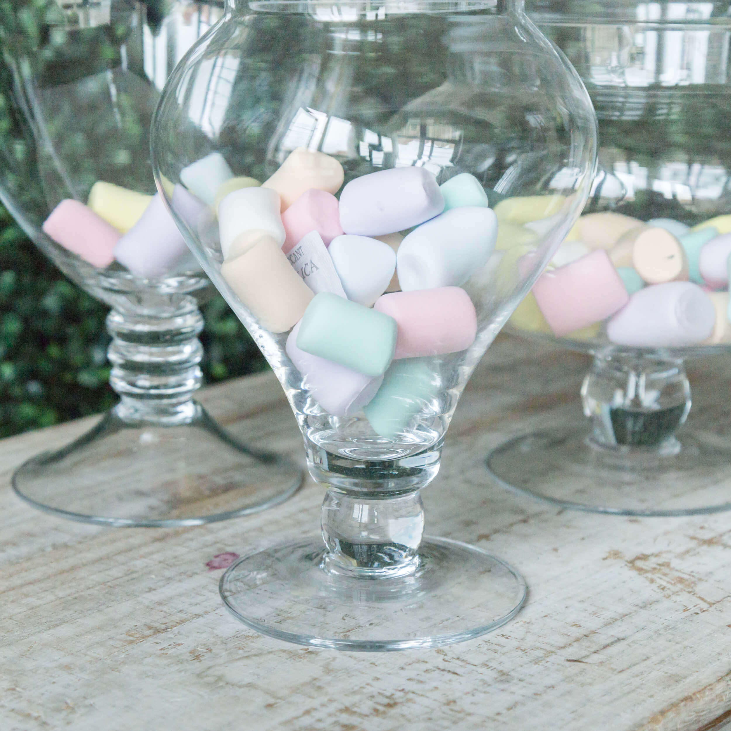 Set of 3 Glass Candy Jars Pedestal Apothecary Design Clear with Snap-On Lids - Stylish Party Favor Containers 10/12/14