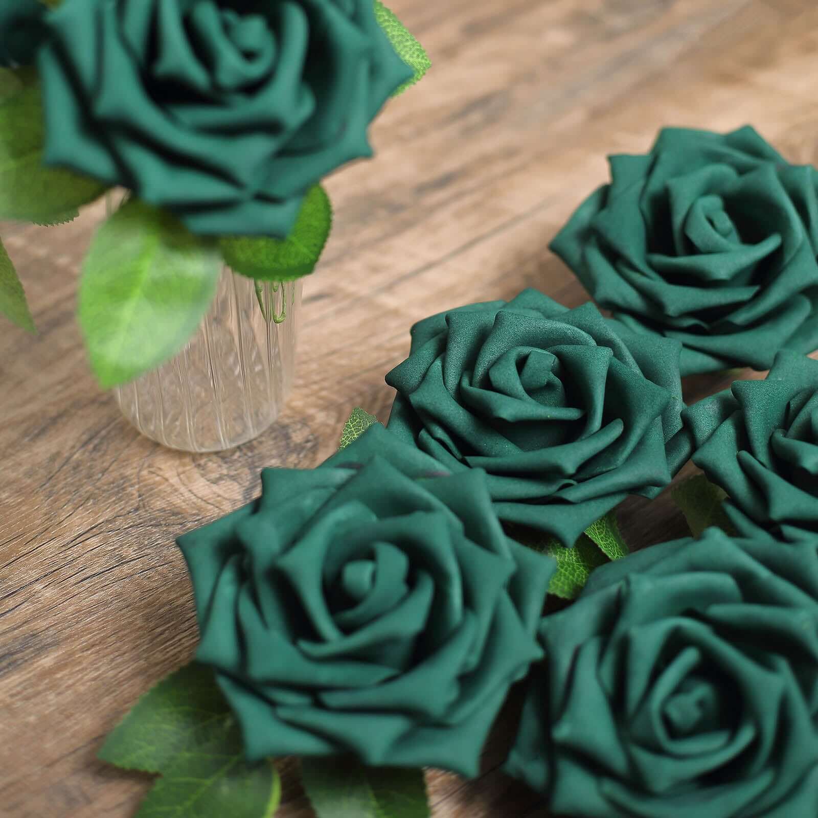 24 Roses 5 Hunter Emerald Green Artificial Foam Flowers With Stem Wire and Leaves