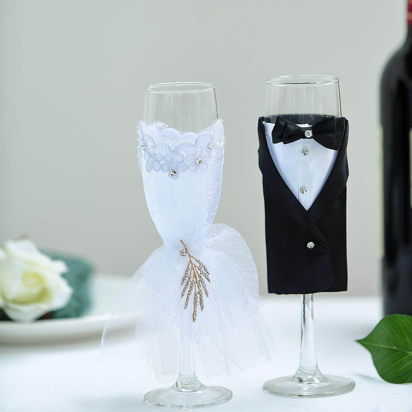 Set of 2 Clear Champagne Flutes with Black Bride and Groom Koozies - Wedding Toast Glasses 9