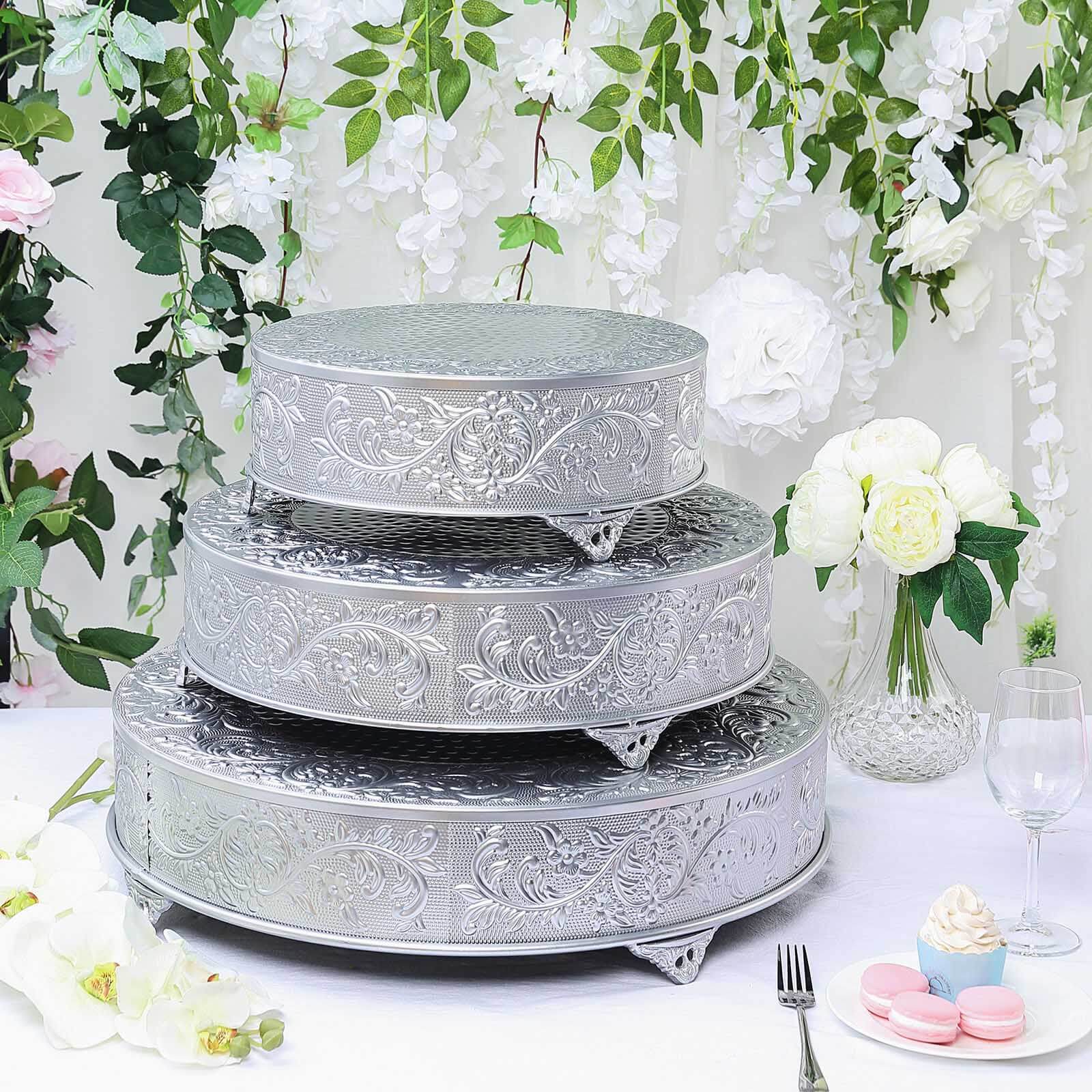 Metal 14 Round Cake Pedestal Stand Matte Silver - Cupcake Dessert Display Riser with Intricate Embossed Design for Upscale Events & Gatherings