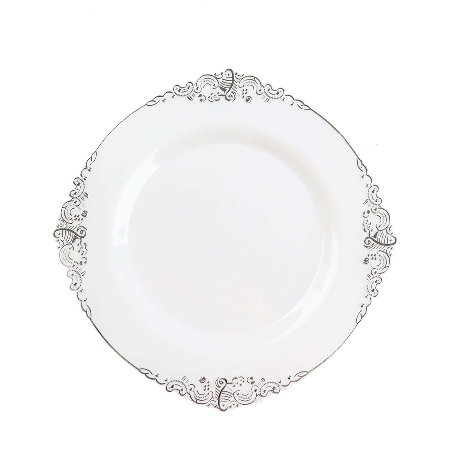 10-Pack Plastic 8 Round Dessert Plates in White with Silver Leaf Embossed Rim - Disposable Vintage Baroque Style Salad Plates