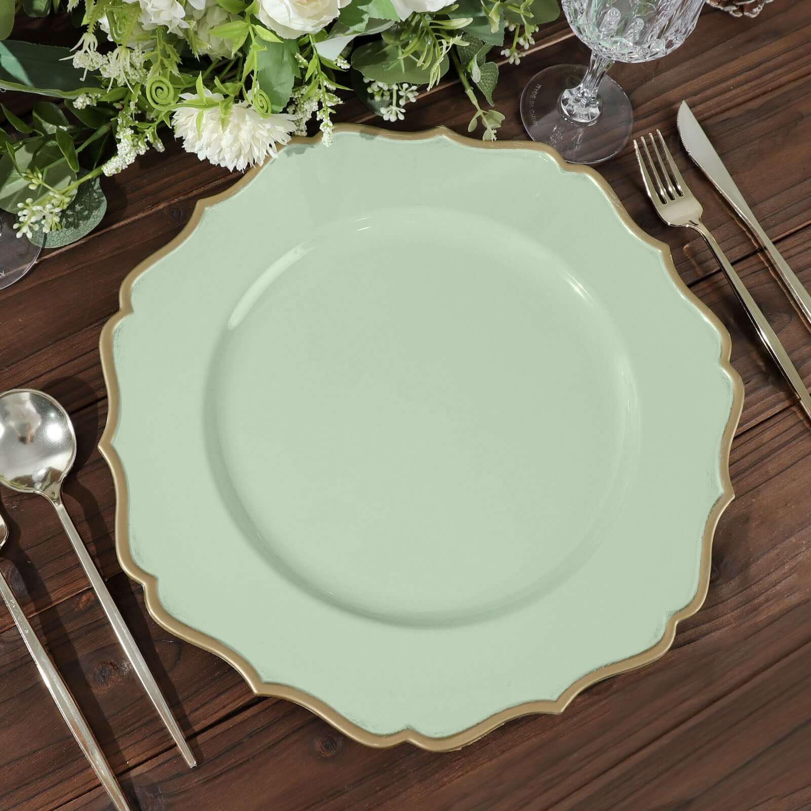 6-Pack Acrylic Round Charger Plates 13 in Sage Sage Green with Gold Scalloped Rim, Decorative Dinner Party Plastic Charger Tableware