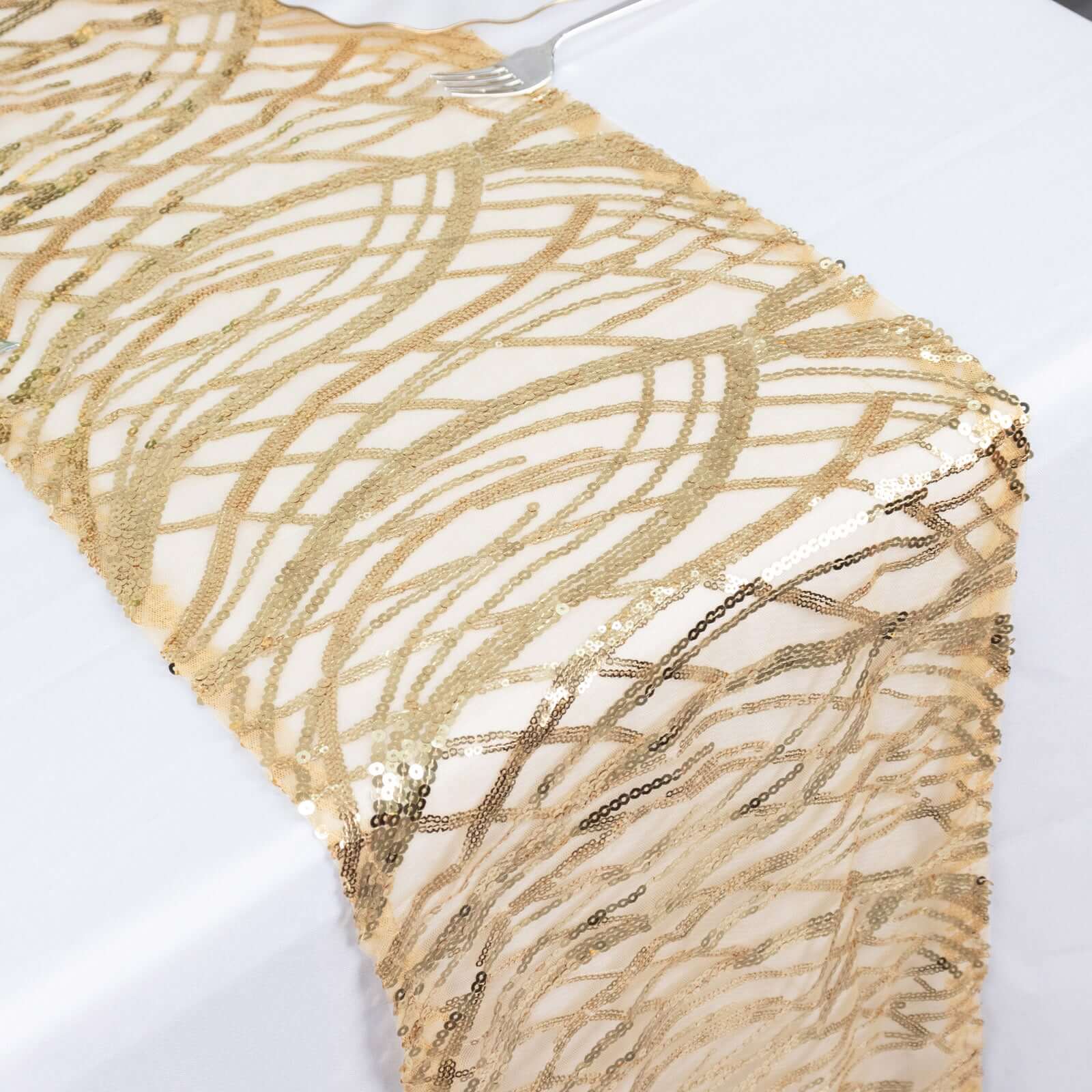 Sequin Mesh 12x108 Table Runner Champagne Stylish Wave Embroidery