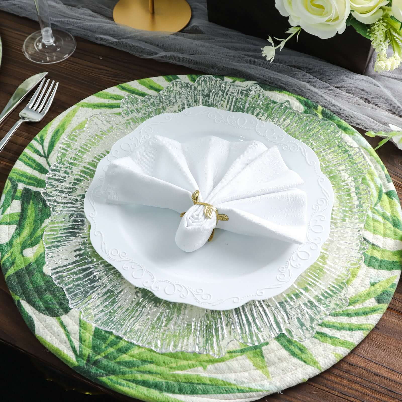 4-Pack Table Placemats Tropical Leaf Design Green Cotton Round - Woven Indoor/Outdoor Dining Mats 15