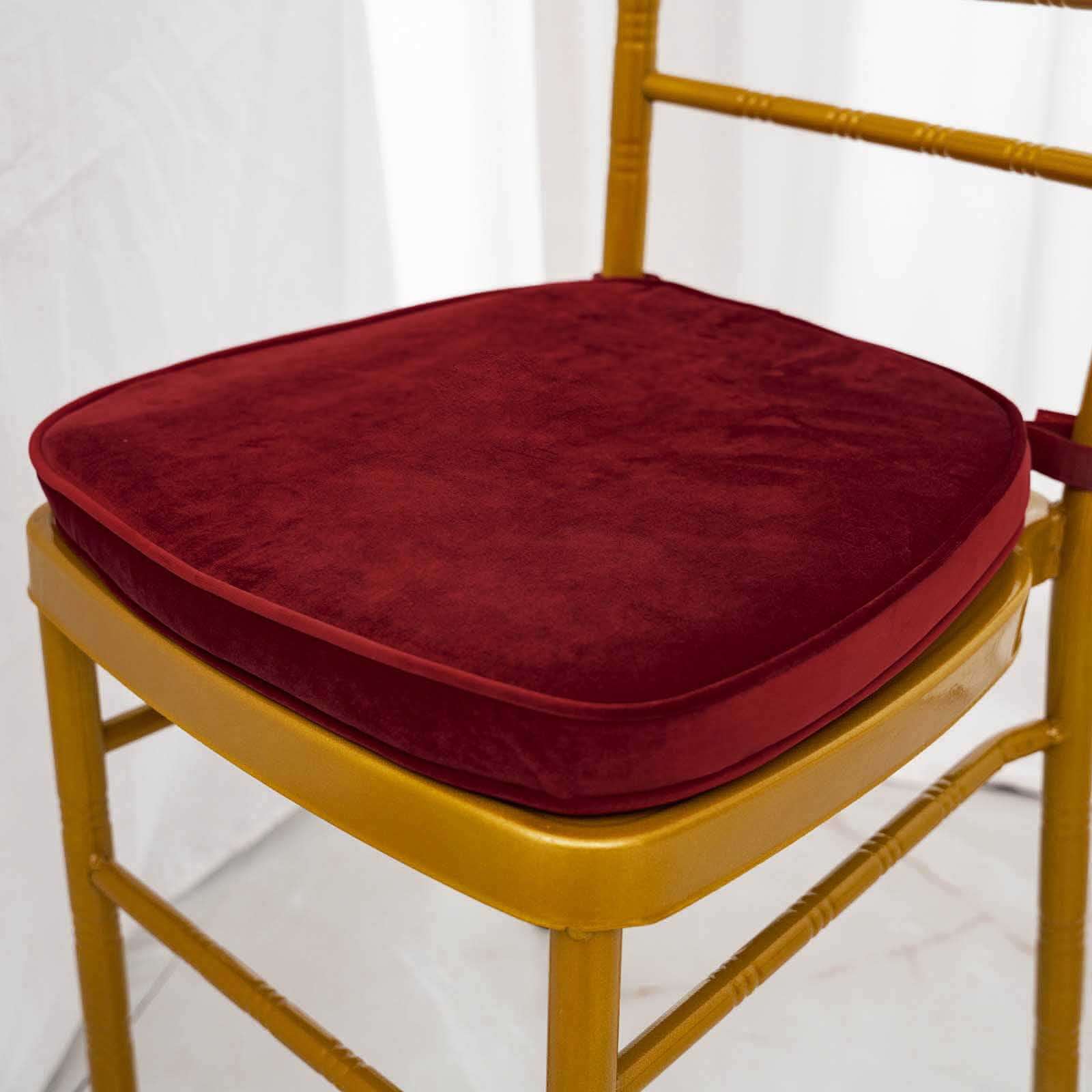 2 Thick Burgundy Velvet Chiavari Chair Pad, Memory Foam Seat Cushion With Ties and Removable Cover