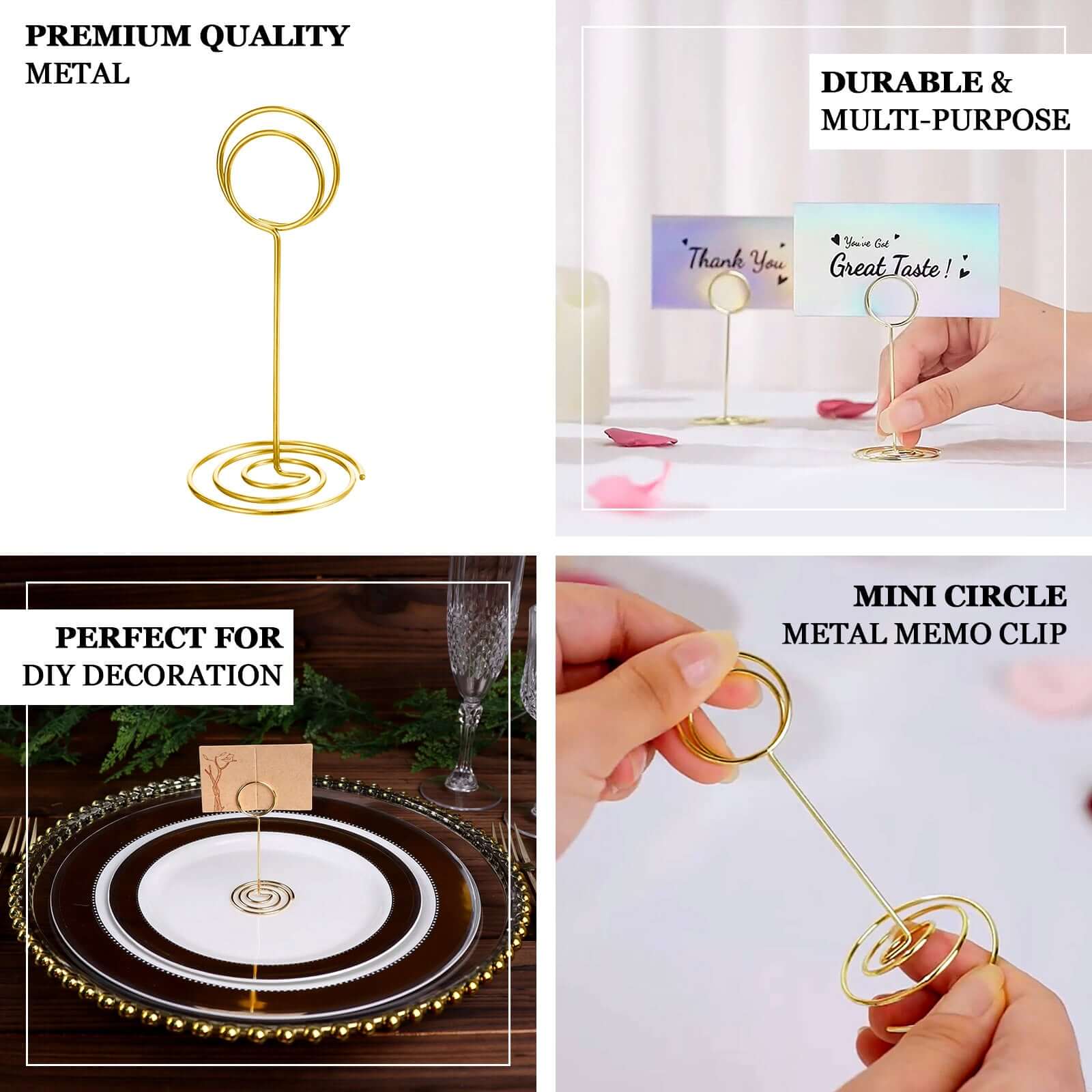 10-Pack Metal Card Holder Stands Mini Circle Hoop Design Gold - Table Number Stands and Wedding Place Card Menu Clips 3.5