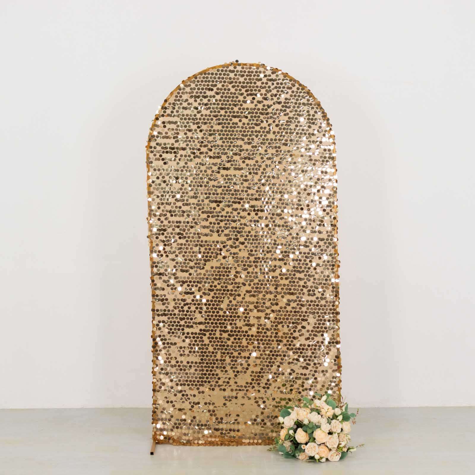 7ft Sparkly Gold Big Payette Sequin Fitted Wedding Arch Cover for Round Top Chiara Backdrop Stand