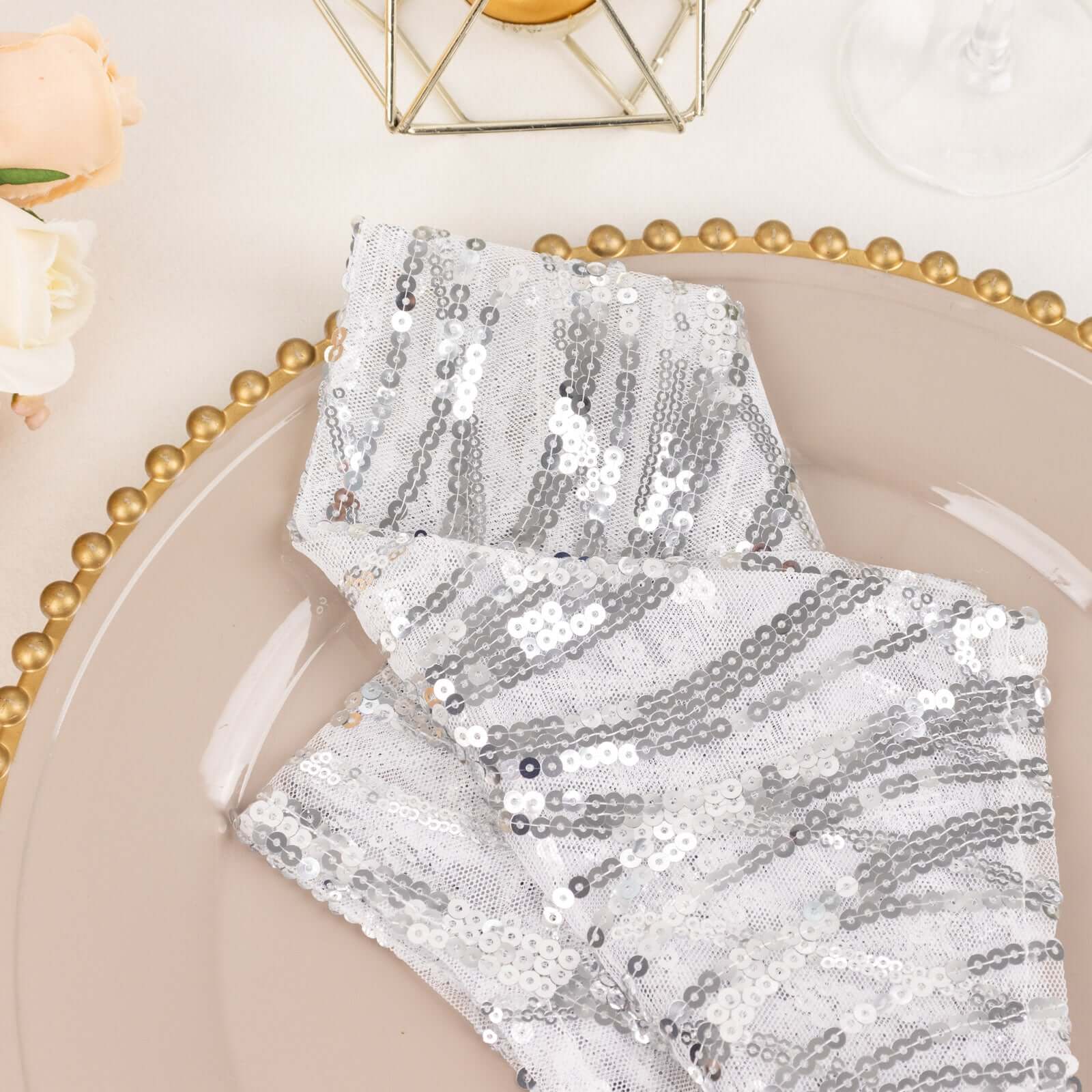 Sequin Mesh 20x20 Napkin SIlver - Wave Embroidered Reusable Napkin