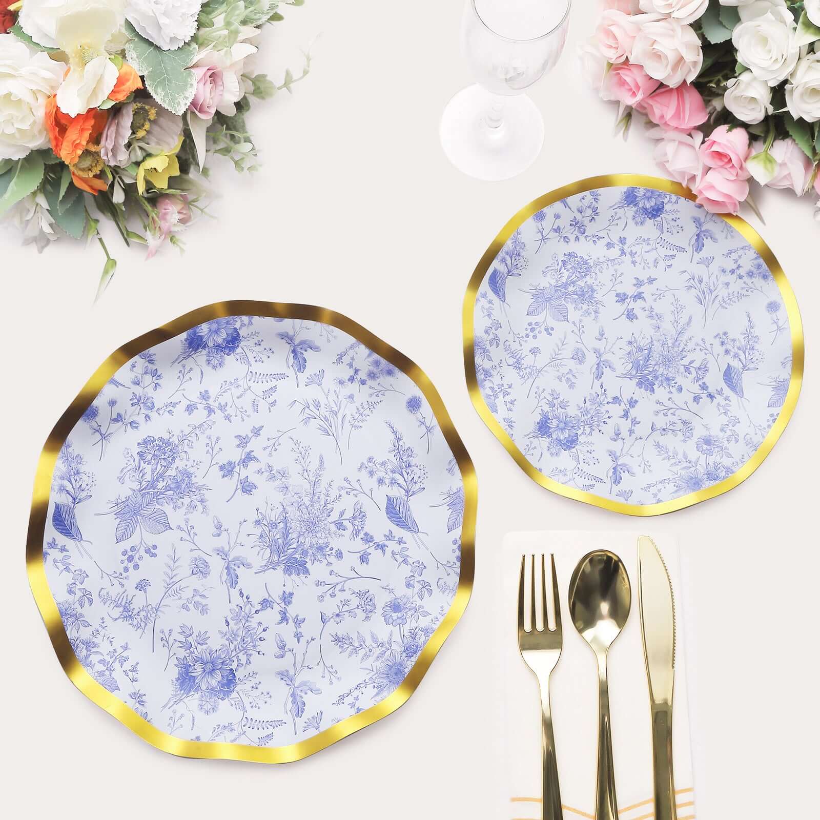 25-Pack Paper Round Dessert Plates 8 in White with Blue French Toile Pattern & Gold Wavy Rim - Disposable 350GSM Salad Plates
