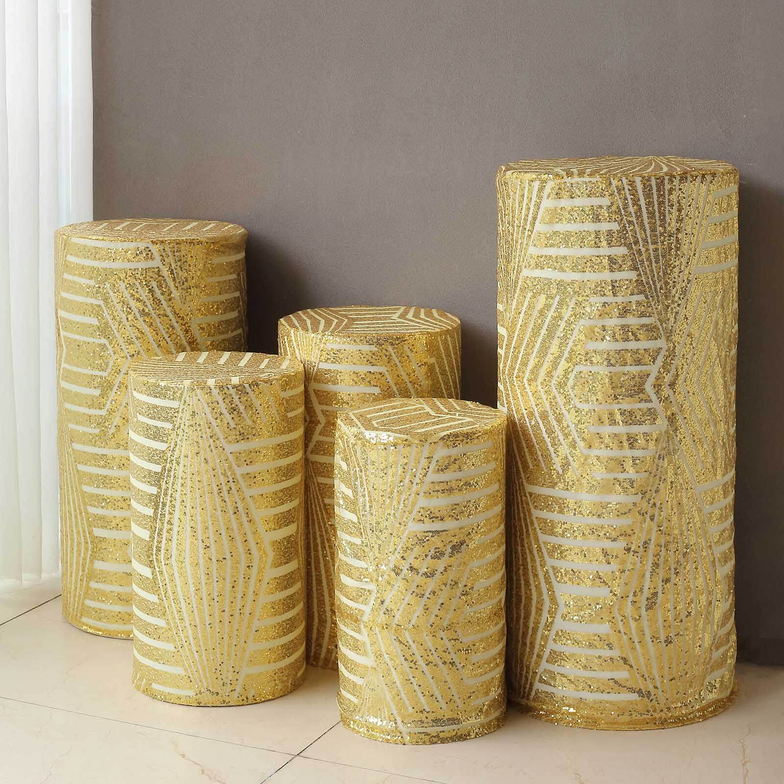 Set of 5 Gold Sequin Mesh Cylinder Pedestal Stand Covers with Geometric Pattern Embroidery, Sparkly Sheer Tulle Pillar Prop Covers