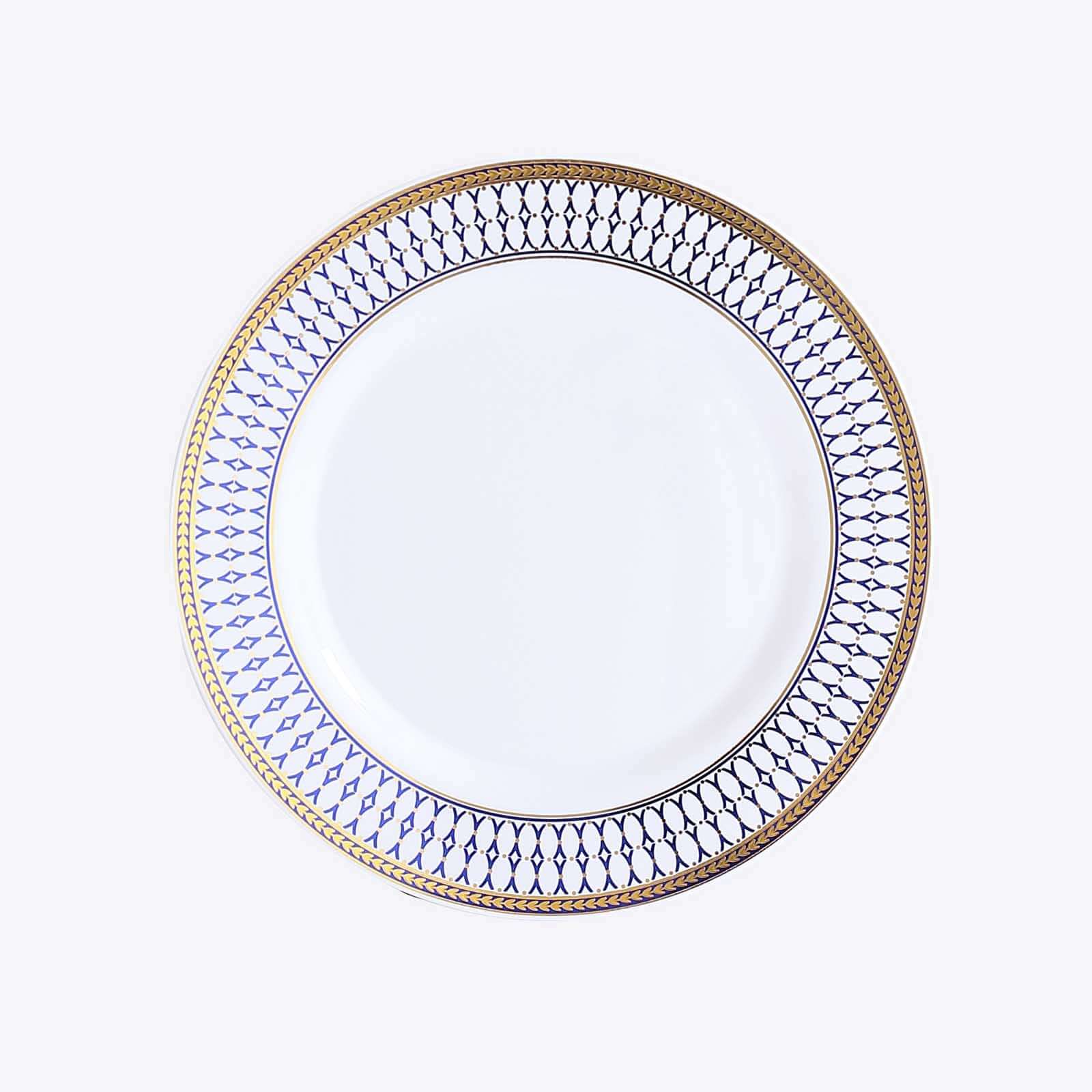 10-Pack Plastic 9 Round Dinner Plates in White with Gold Navy Blue Chord Rim - Renaissance Style Disposable Plates for Events & Banquets