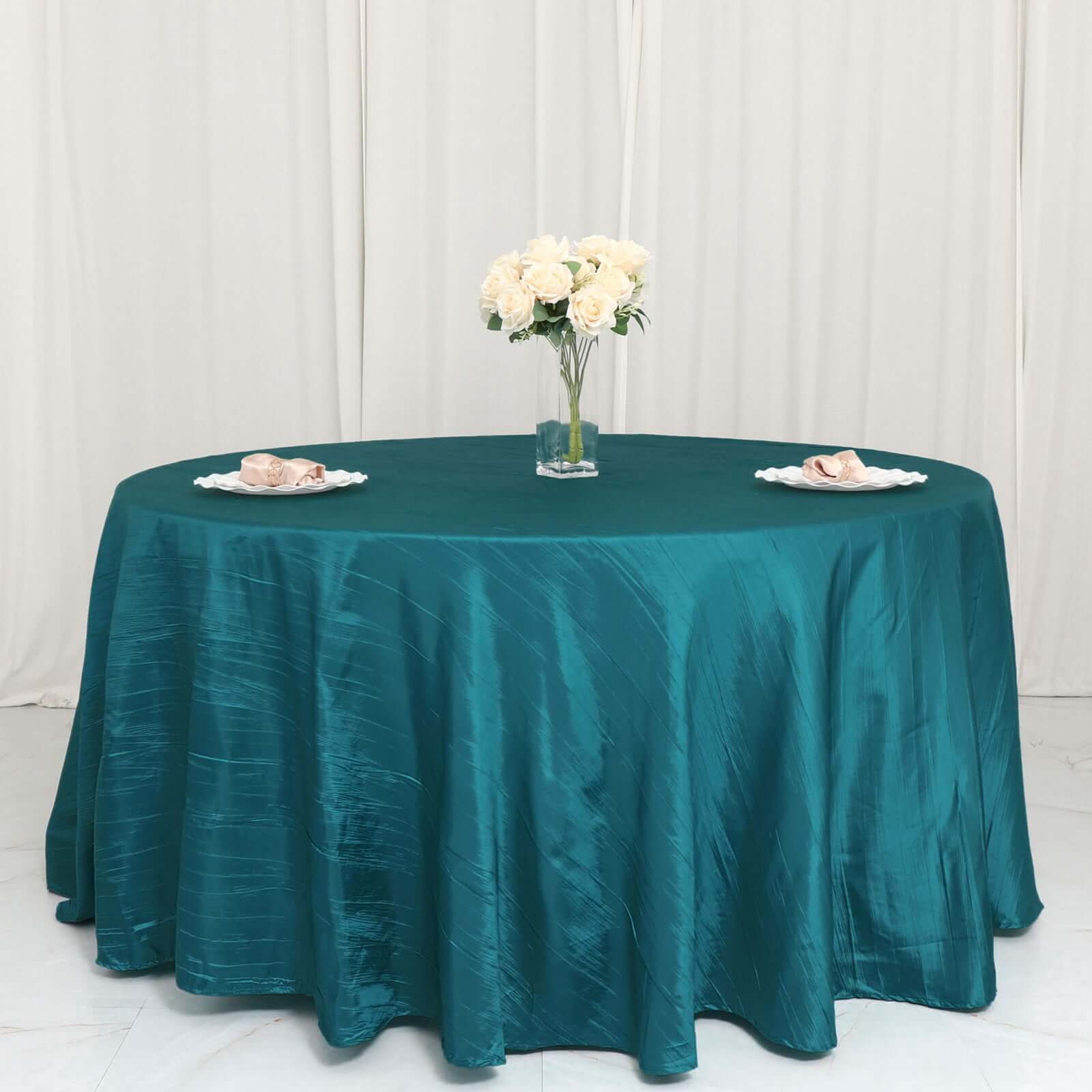 Taffeta 120 Round Tablecloth Peacock Teal - Seamless Accordion Crinkle Table Cover