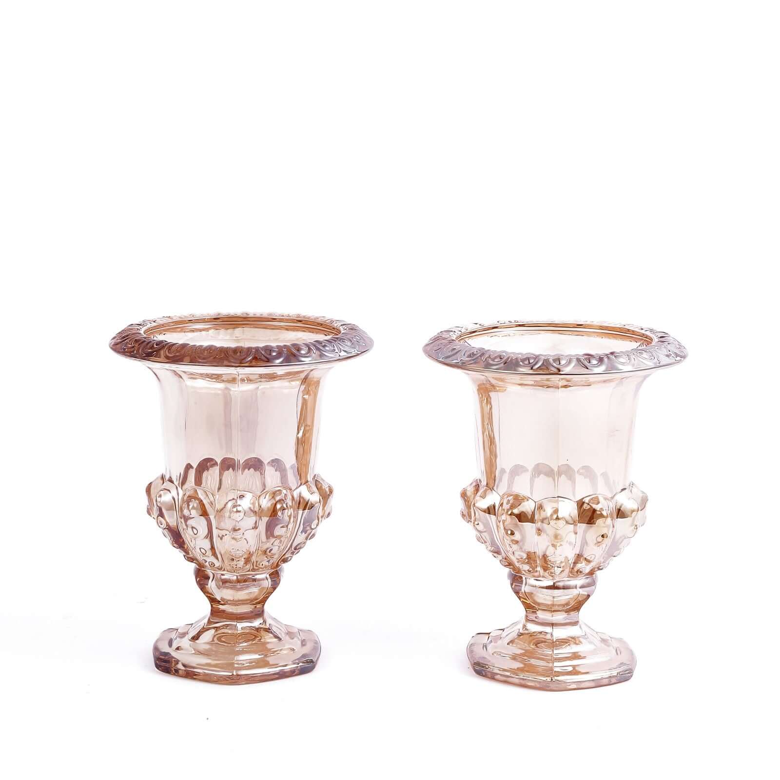 2-Pack Glass Mini Pedestal Flower Vases in Classic Roman Urn Style Amber Gold - Sophisticated Wedding Table Centerpieces 6