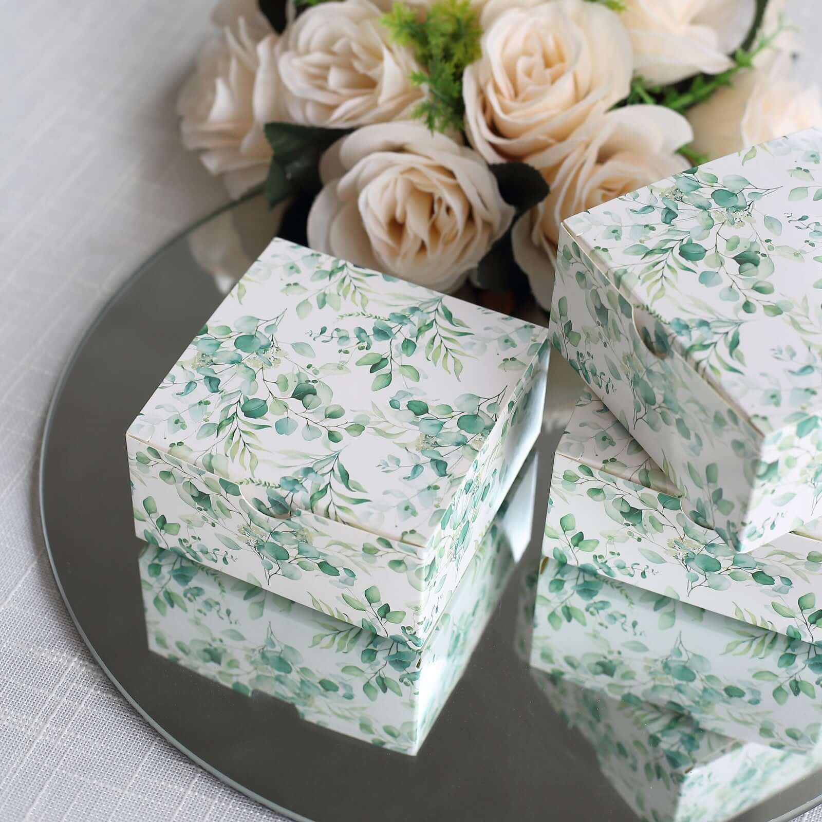 25 Pack White Green Eucalyptus Leaves Print Paper Favor Boxes, Cardstock Party Shower Candy Gift Boxes - 4x4x2