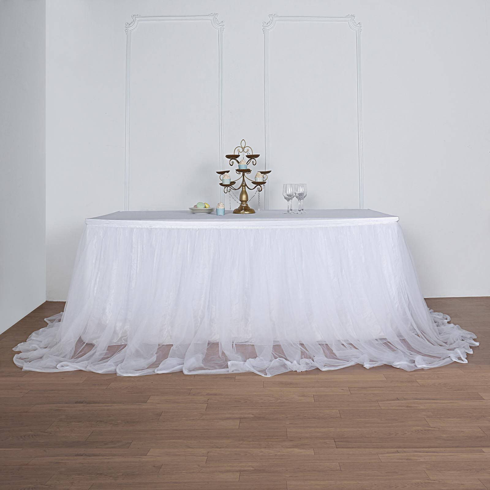 Extra Long Tulle 21ft Table Skirt White with Satin Edge - Table Cover for Baby Showers & Events