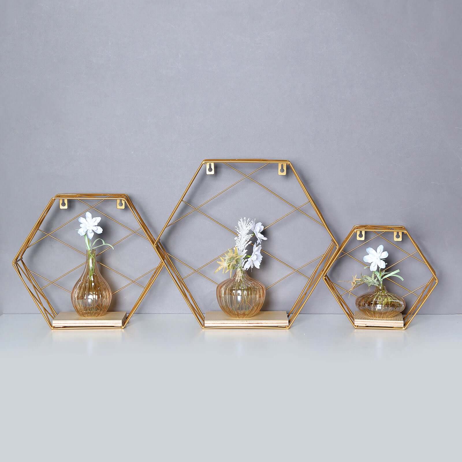 3 Pack Gold Hexagonal Floating Wall Shelves, Decorative Geometric Wall Mounted Shelves - 9,12,14