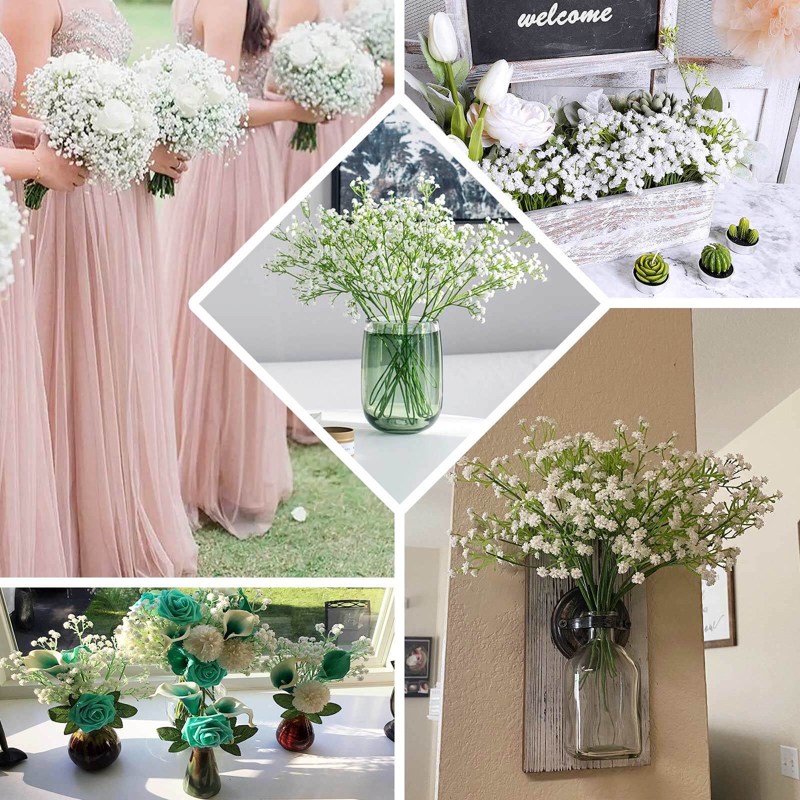 3 Bushes White 14 Artificial Baby’s Breath Gypsophila Flower Arrangements, Real Touch Indoor Faux Floral Bouquets