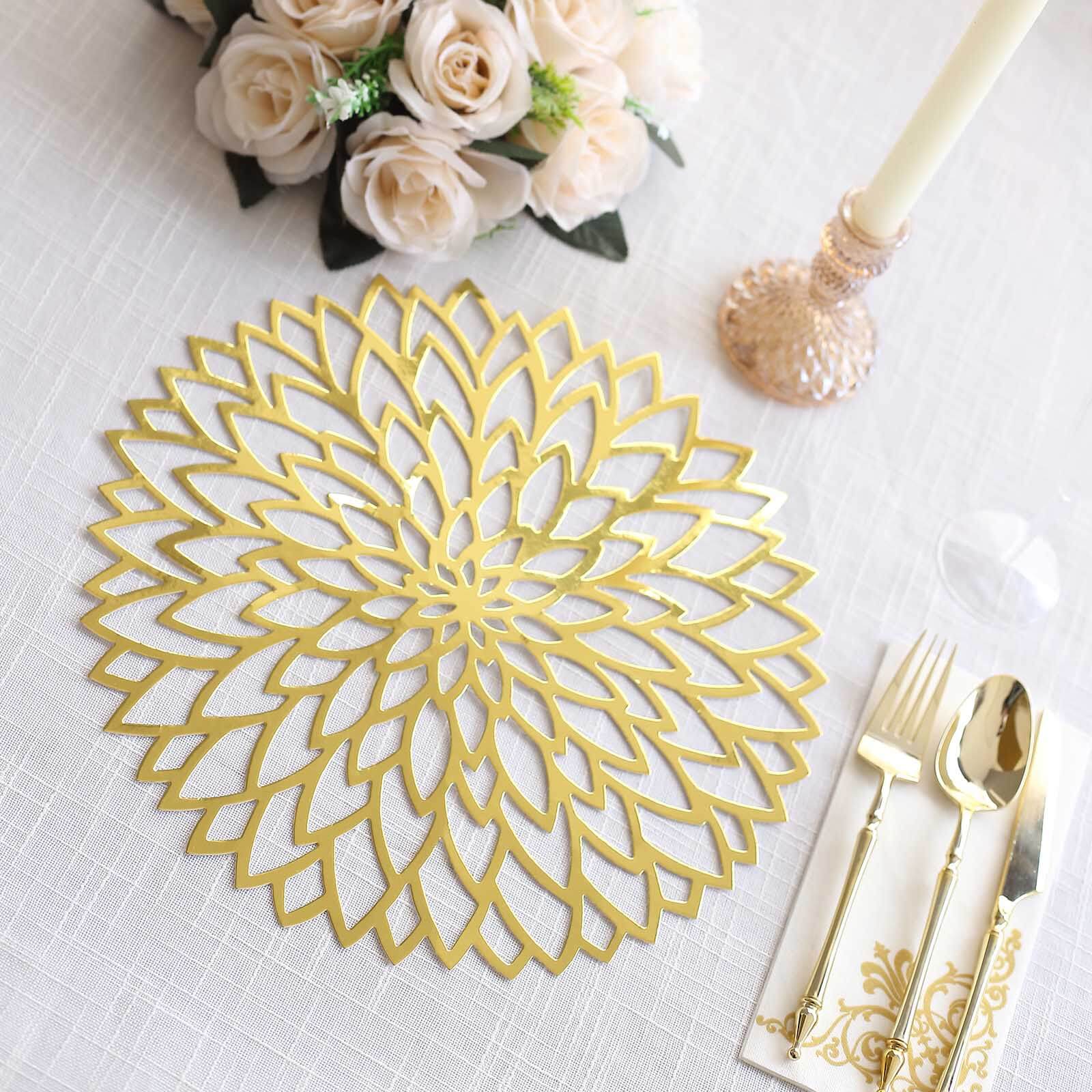 6-Pack Disposable Table Placemats in Metallic Gold with Laser Cut Hibiscus Flower Design - 400GSM Cardboard Placemats for Glamorous Table Decor 13