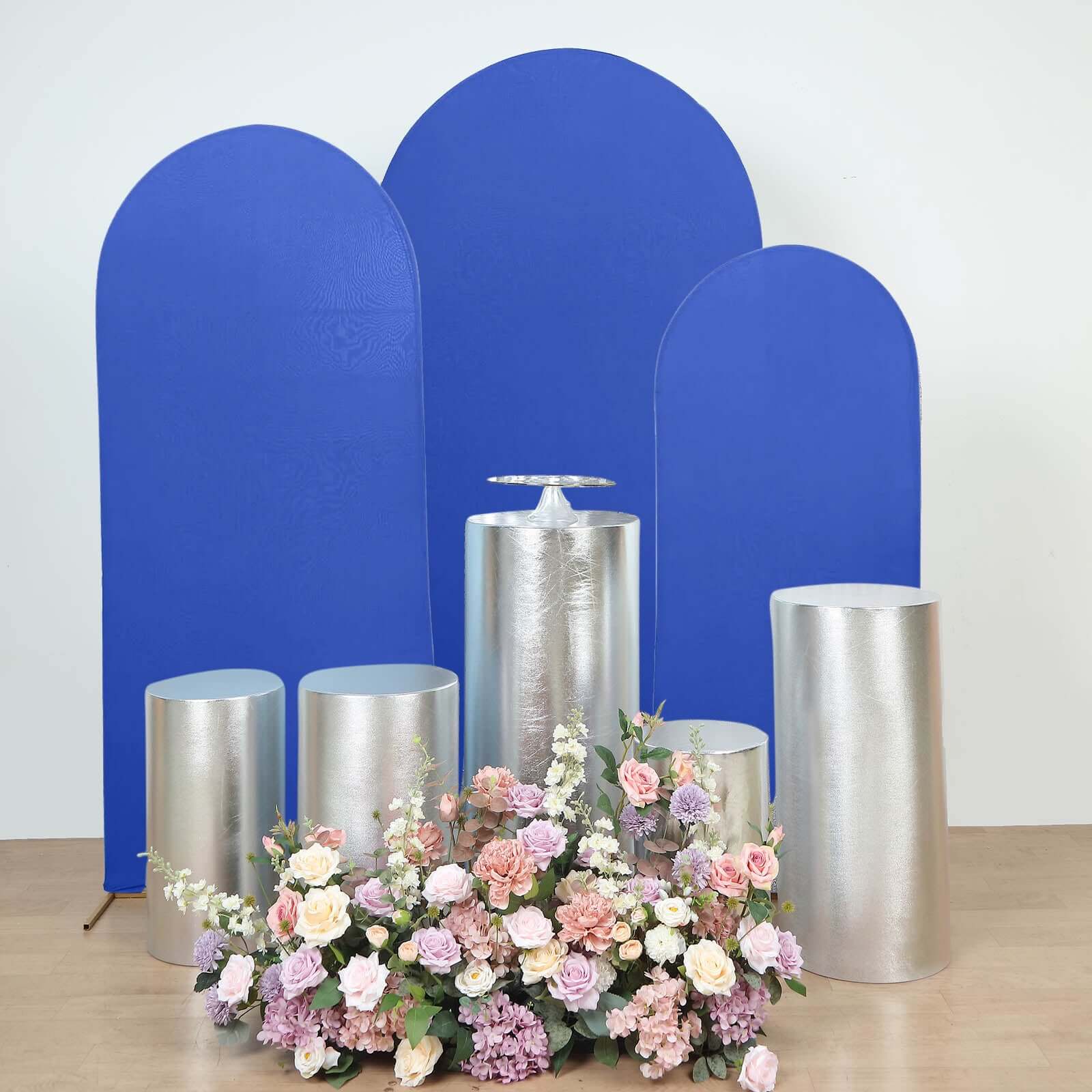 Set of 5 Metallic Silver Spandex Cylinder Pedestal Stand Covers, Shiny Stretchable Pillar Prop Covers - 130 GSM