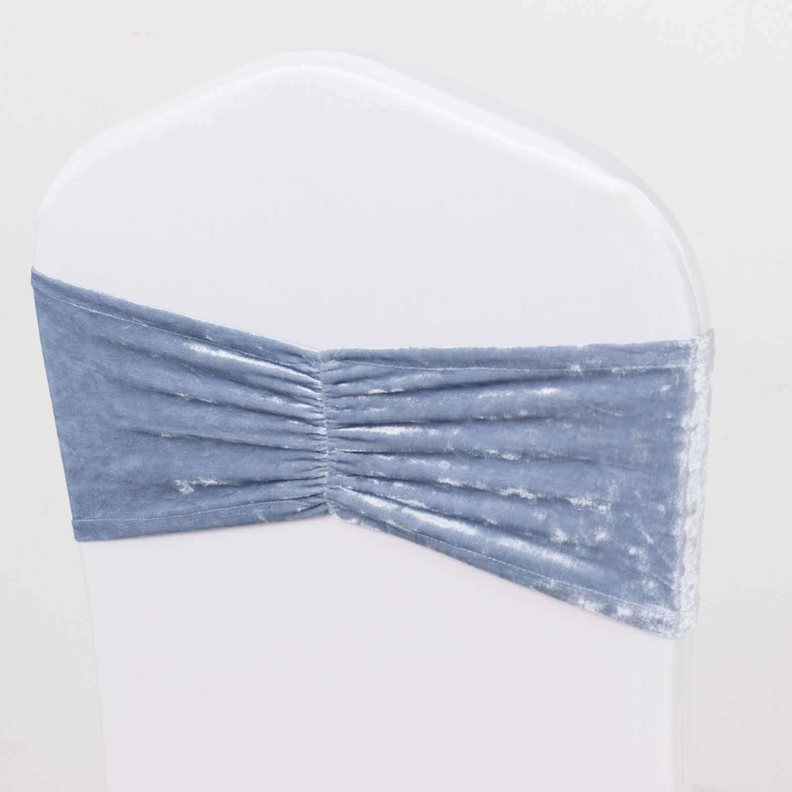 5 Pack Premium Crushed Velvet Chair Sashes Dusty Blue Ruffle Style - Wrinkle-Free Textured Stretch Chair Bands