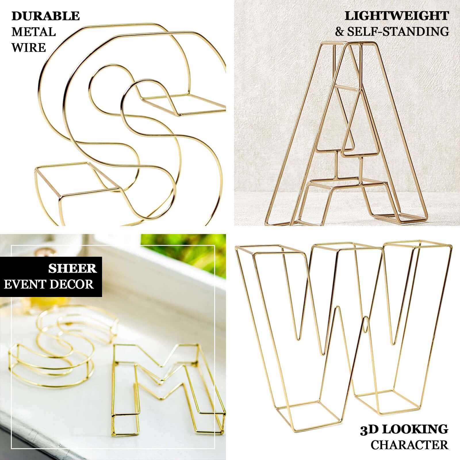 8 Tall Gold Freestanding 3D Decorative Wire Letter, Wedding Centerpiece - T