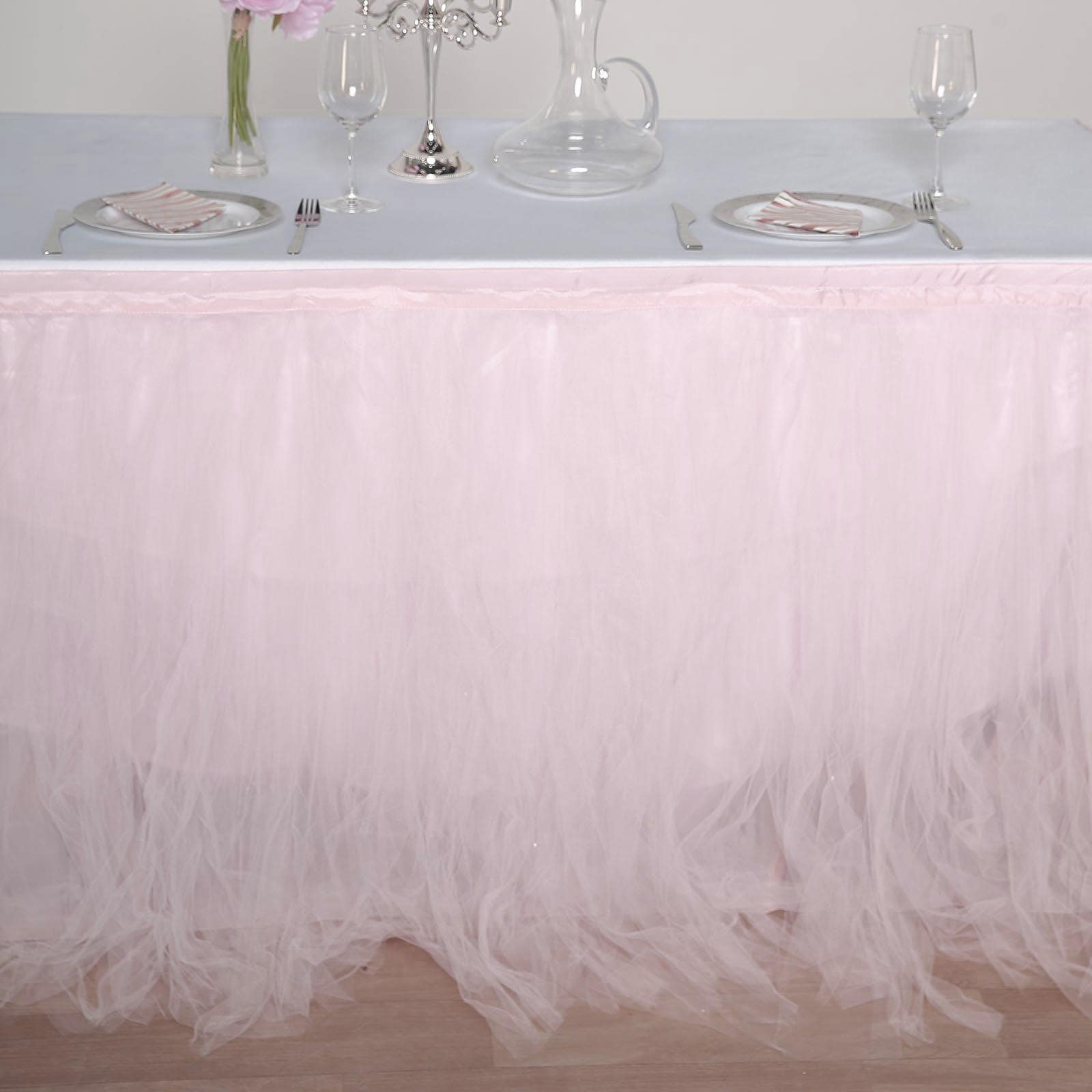 Tulle 21ft Table Skirt Blush - 4 Layer Pleated Tutu Table Cover