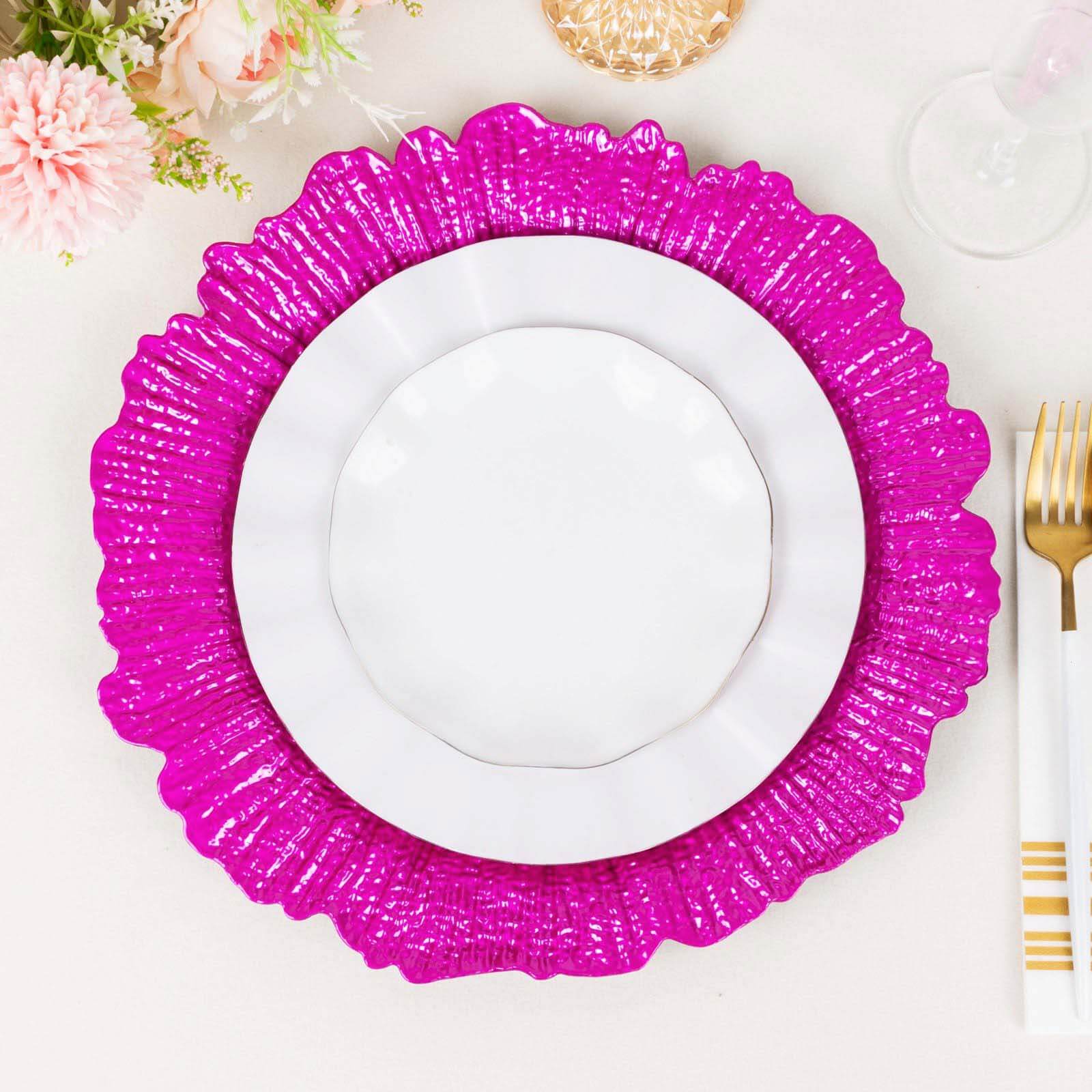 6-Pack Acrylic Plastic Round Charger Plates 13 in Fuchsia with Reef Design, Dinner Charger Tableware