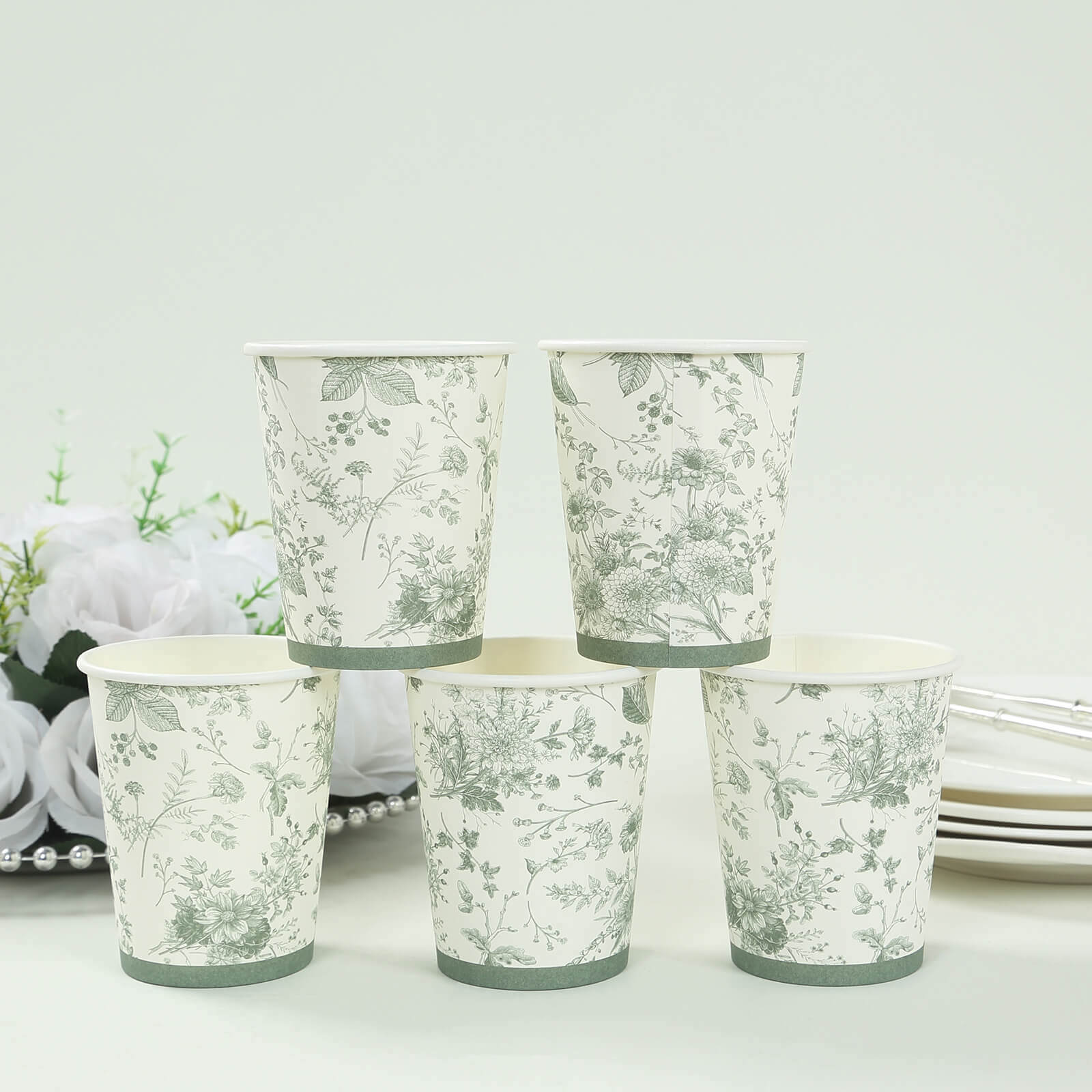 24-Pack Paper Cups White with Sage Green French Toile Print - Stylish Disposable Floral Party Cups for Hot & Cold Beverages 9oz