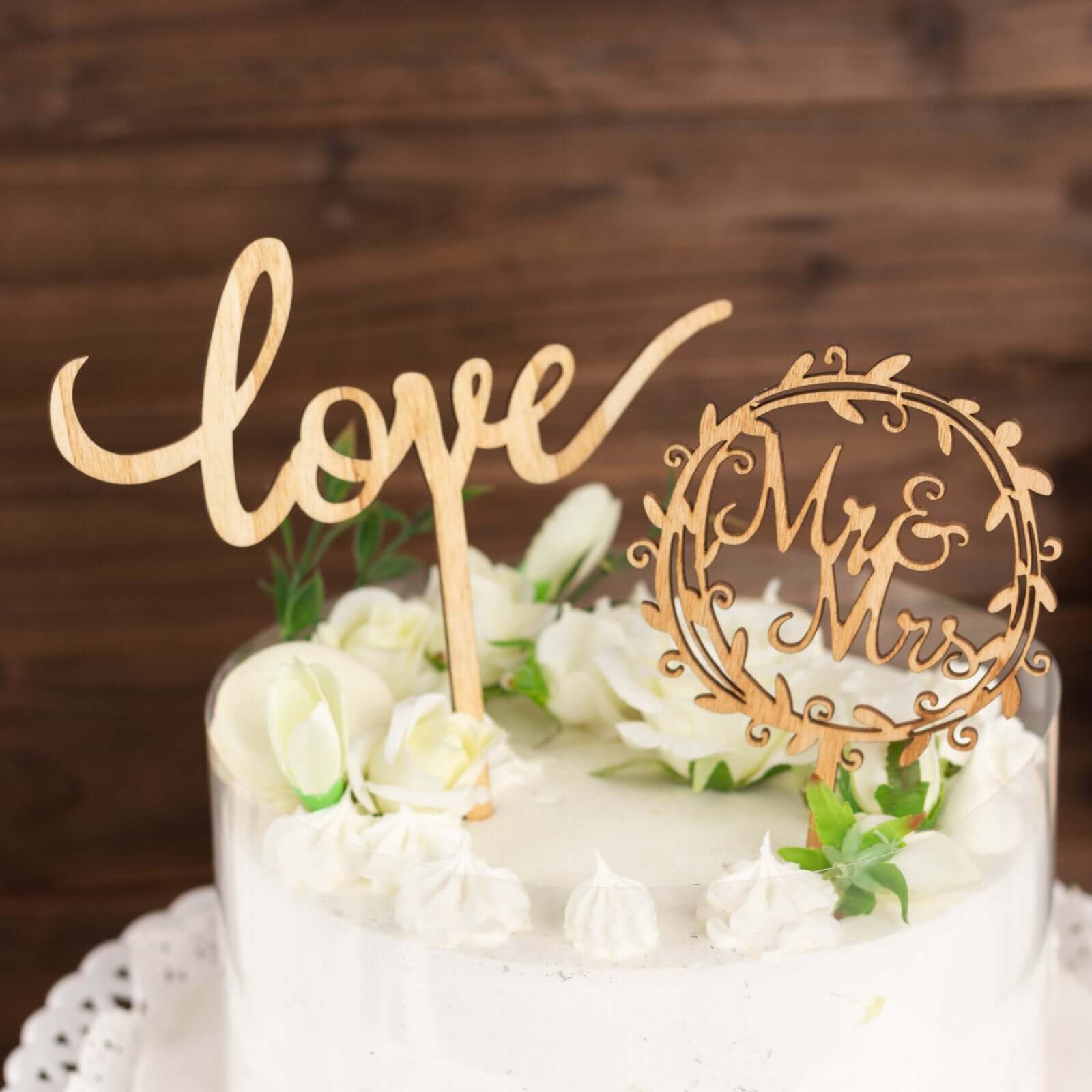 Set of 2 Wooden Cake Toppers Mr & Mrs and Love Design Natural - Rustic Wedding Cupcake Decorations