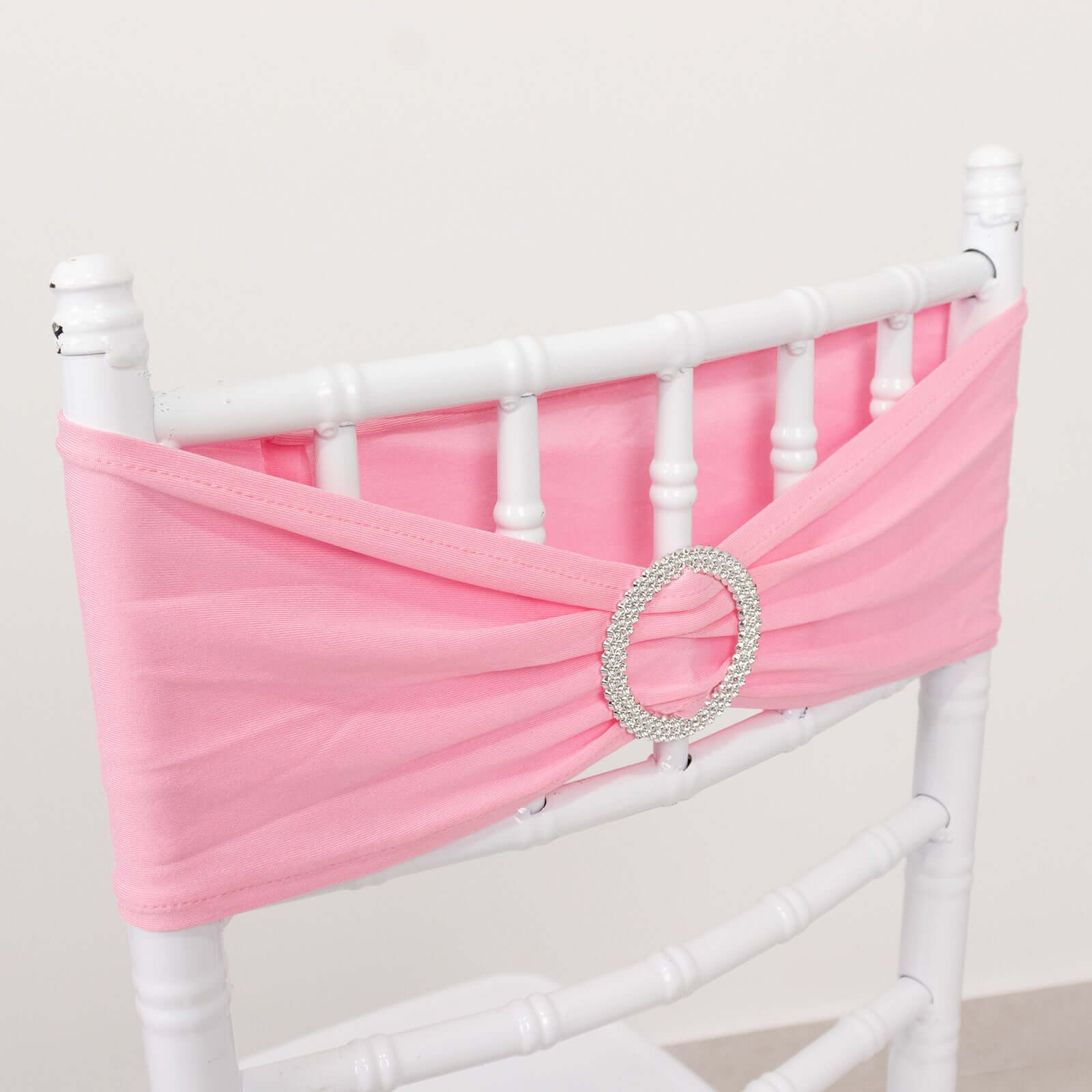 5 Pack Stretch Spandex Chair Sashes Pink - Reusable Chair Bands with Silver Diamond Ring Slide Buckle 5x14