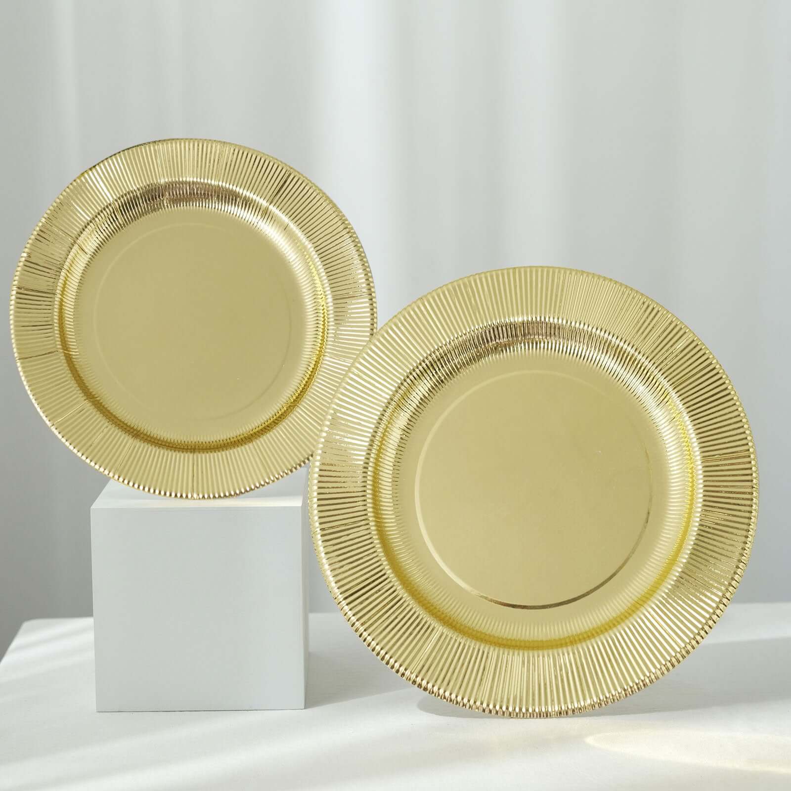 25-Pack Paper 10 Round Dinner Plates in Metallic Gold Sunray Design - Disposable Heavy Duty 350GSM Party Plates